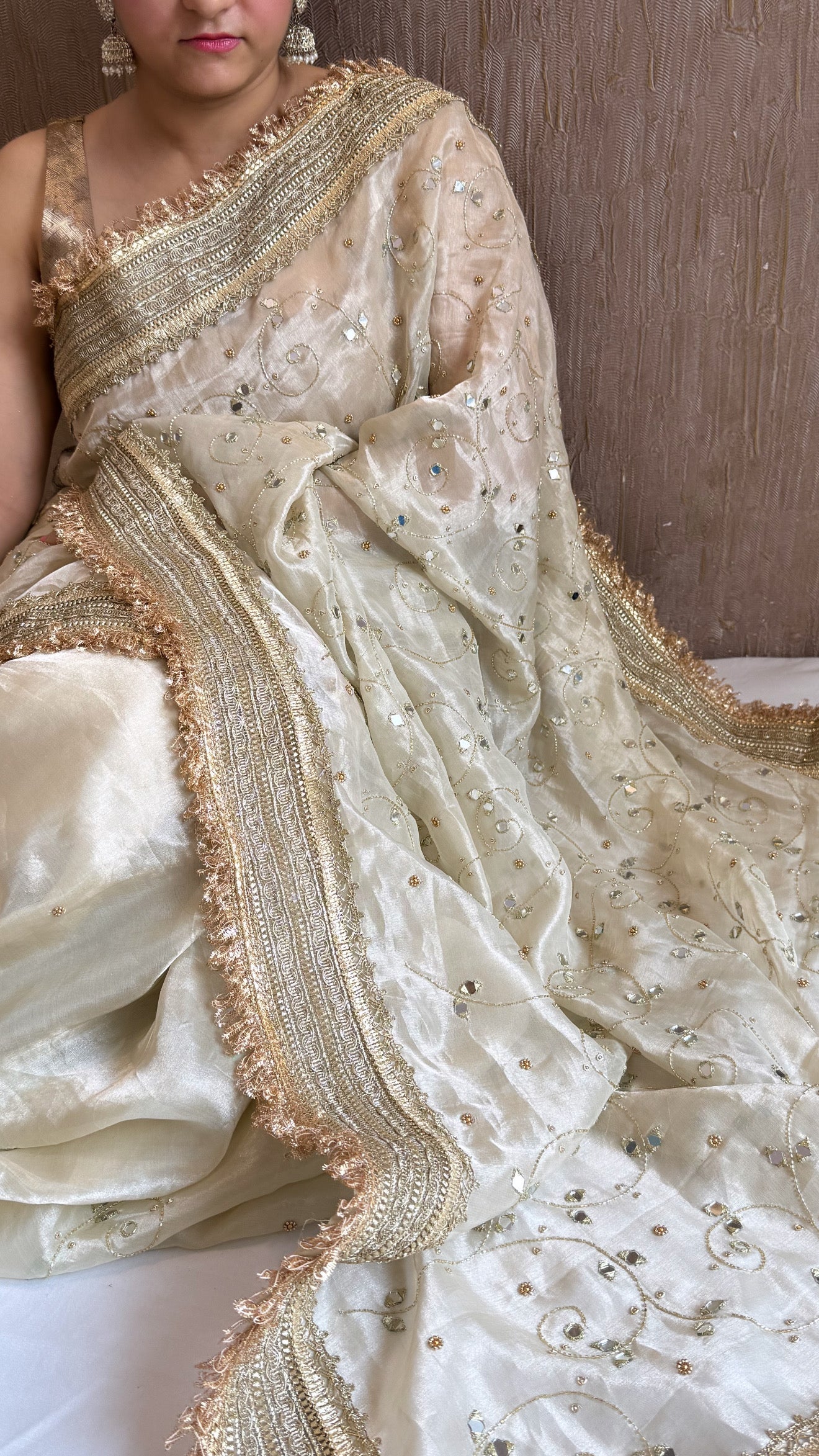 Sheesham edit - Ivory diamond tissue silk mirror work heavy hand embroidered saree