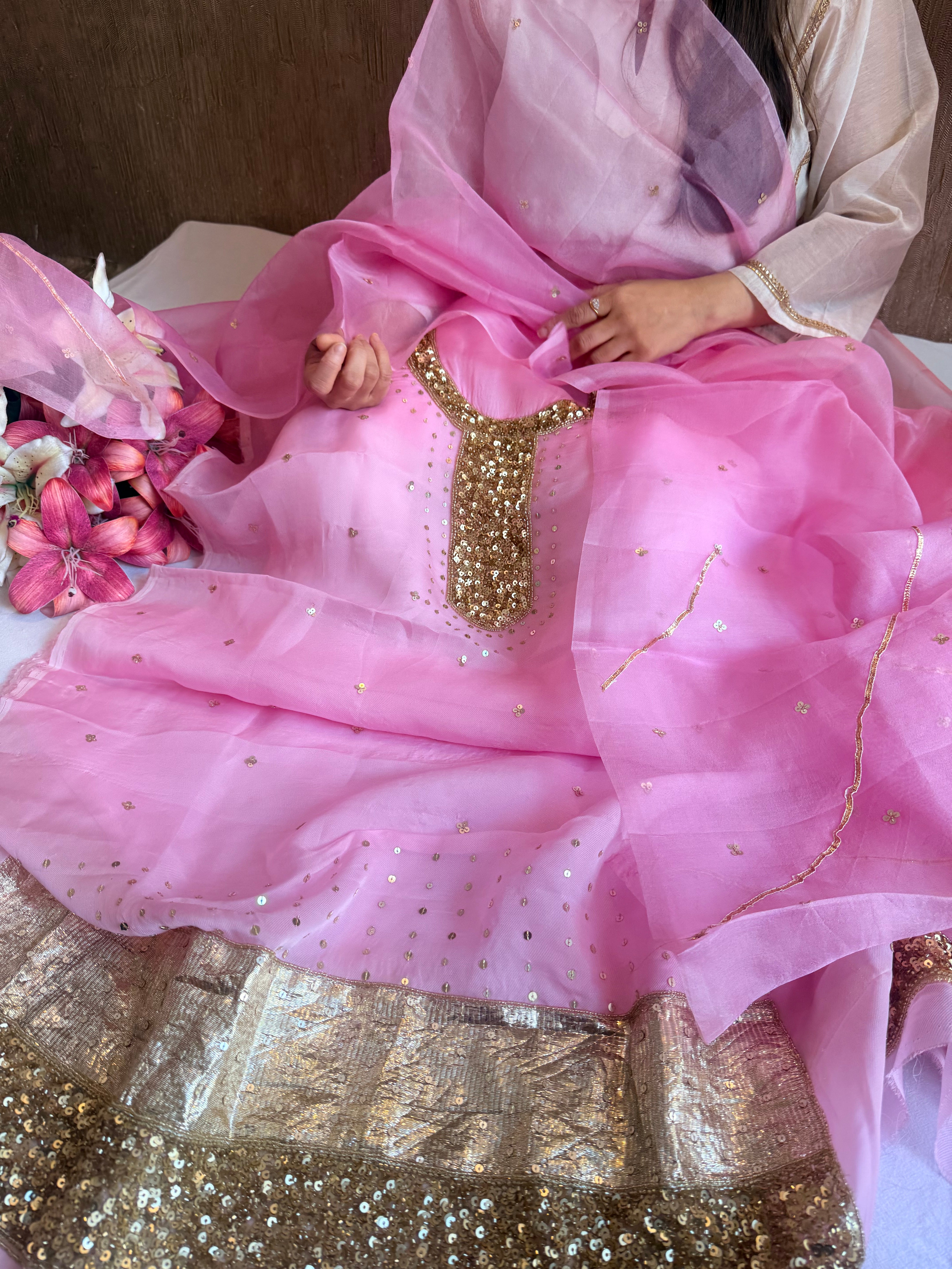 Blush lotus pink kora silk hand embroidered kadhwa suit set