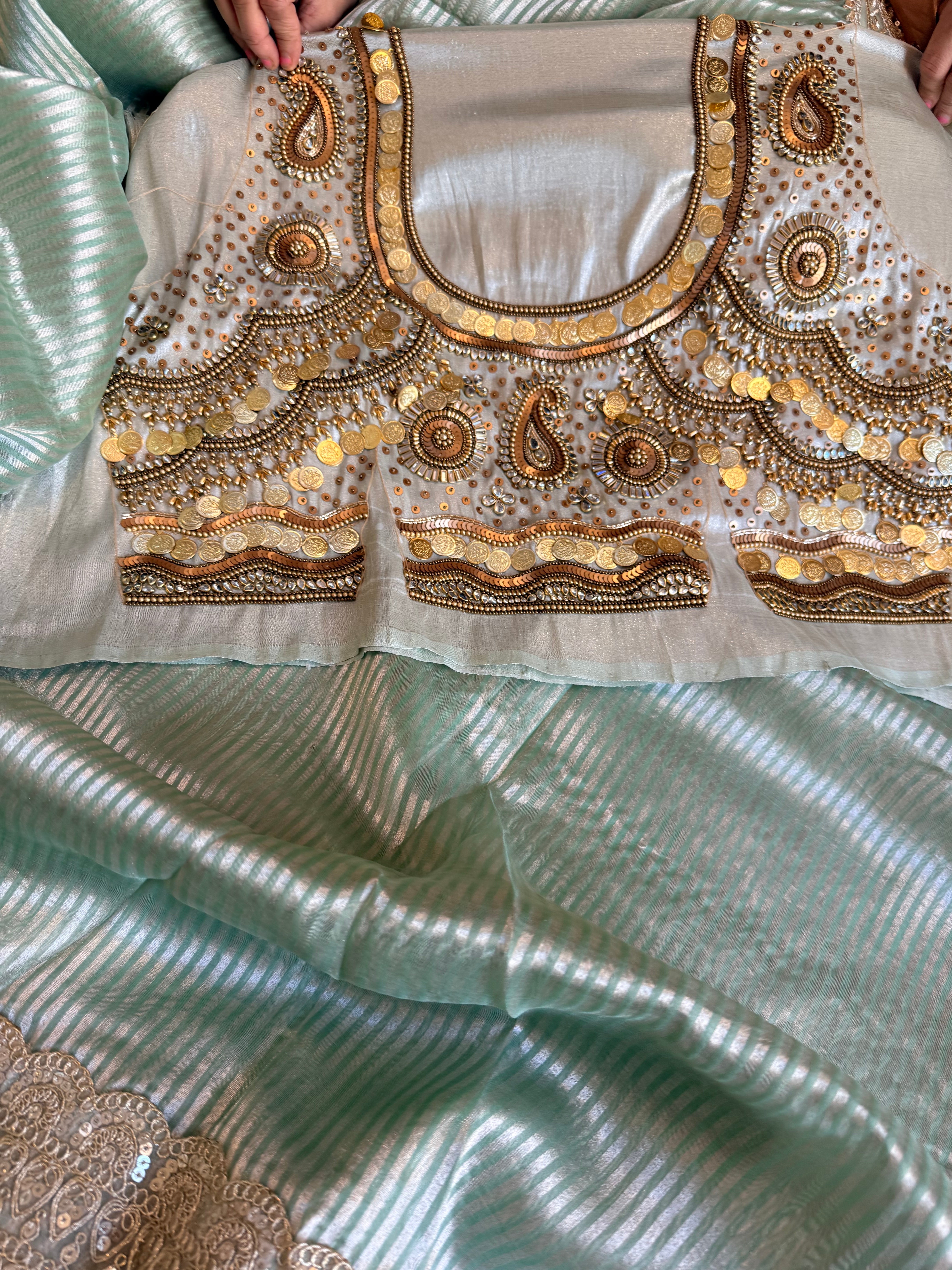 Kundan blouse edit - Sea green tissue silk hand embroidered striped saree with jewellery blouse