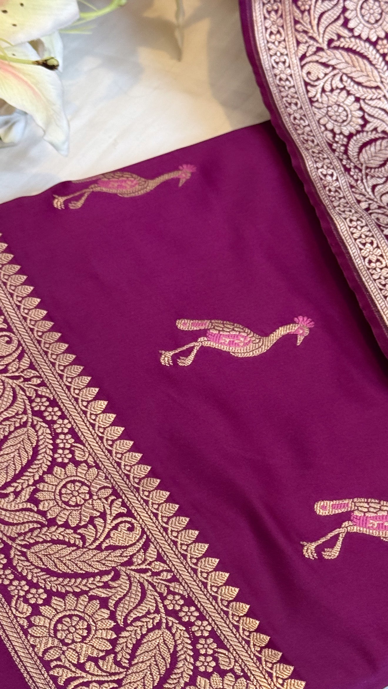 Deep purple mashru satin silk shikargah motif Banarasi silk suit set