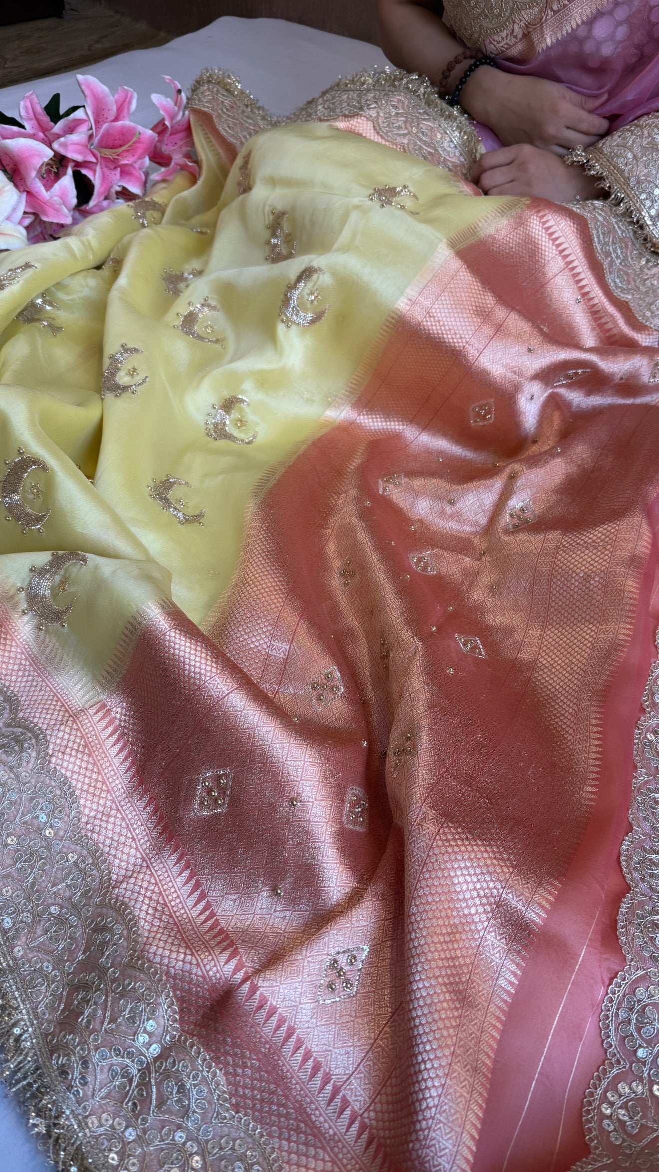 Sufi night edit - Lime yellow - peach kora silk banarasi chandtara buta hand embroidered kadhwa saree