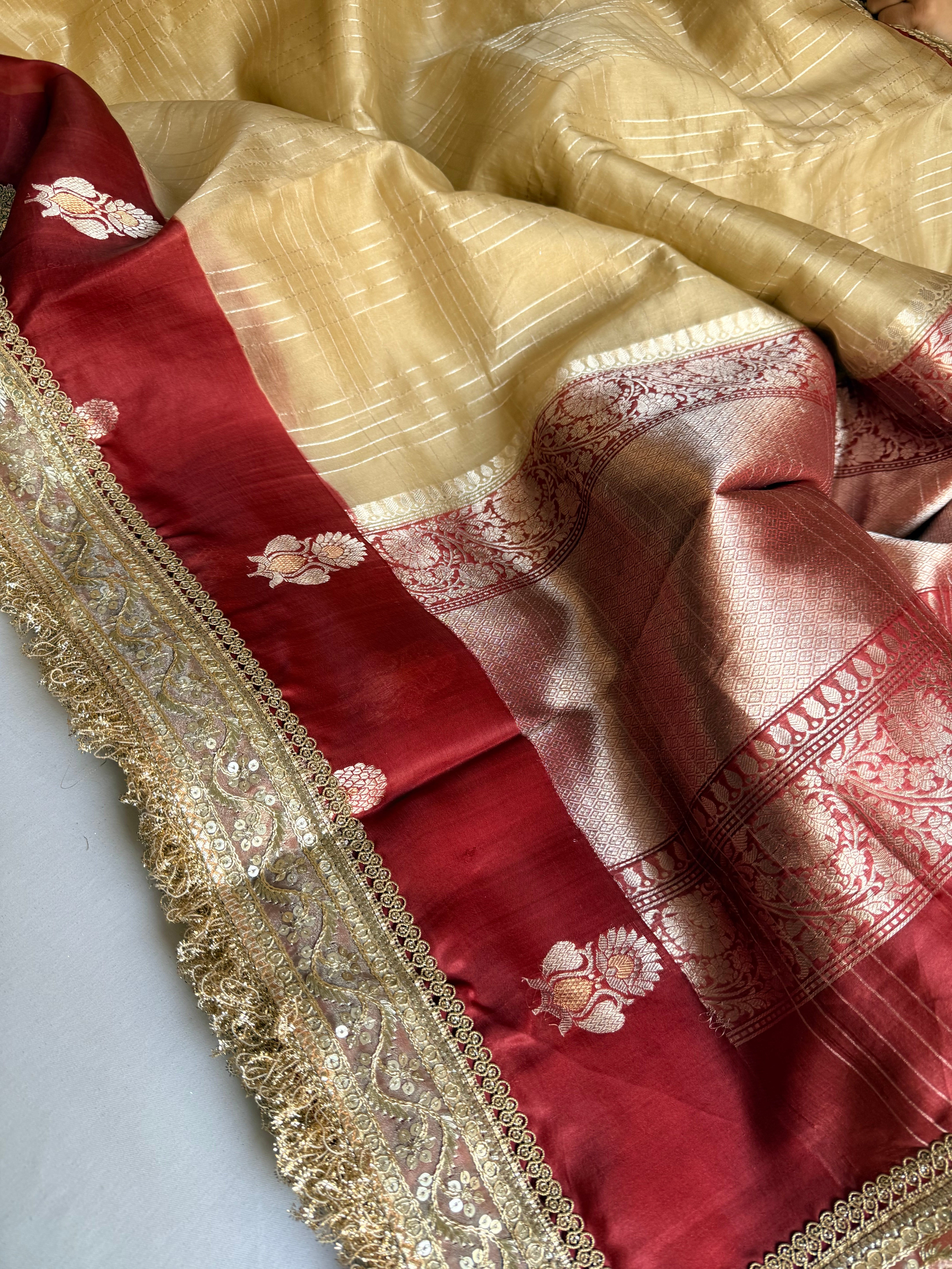 Banarasi leela soft gold-red kora silk kadhwa saree