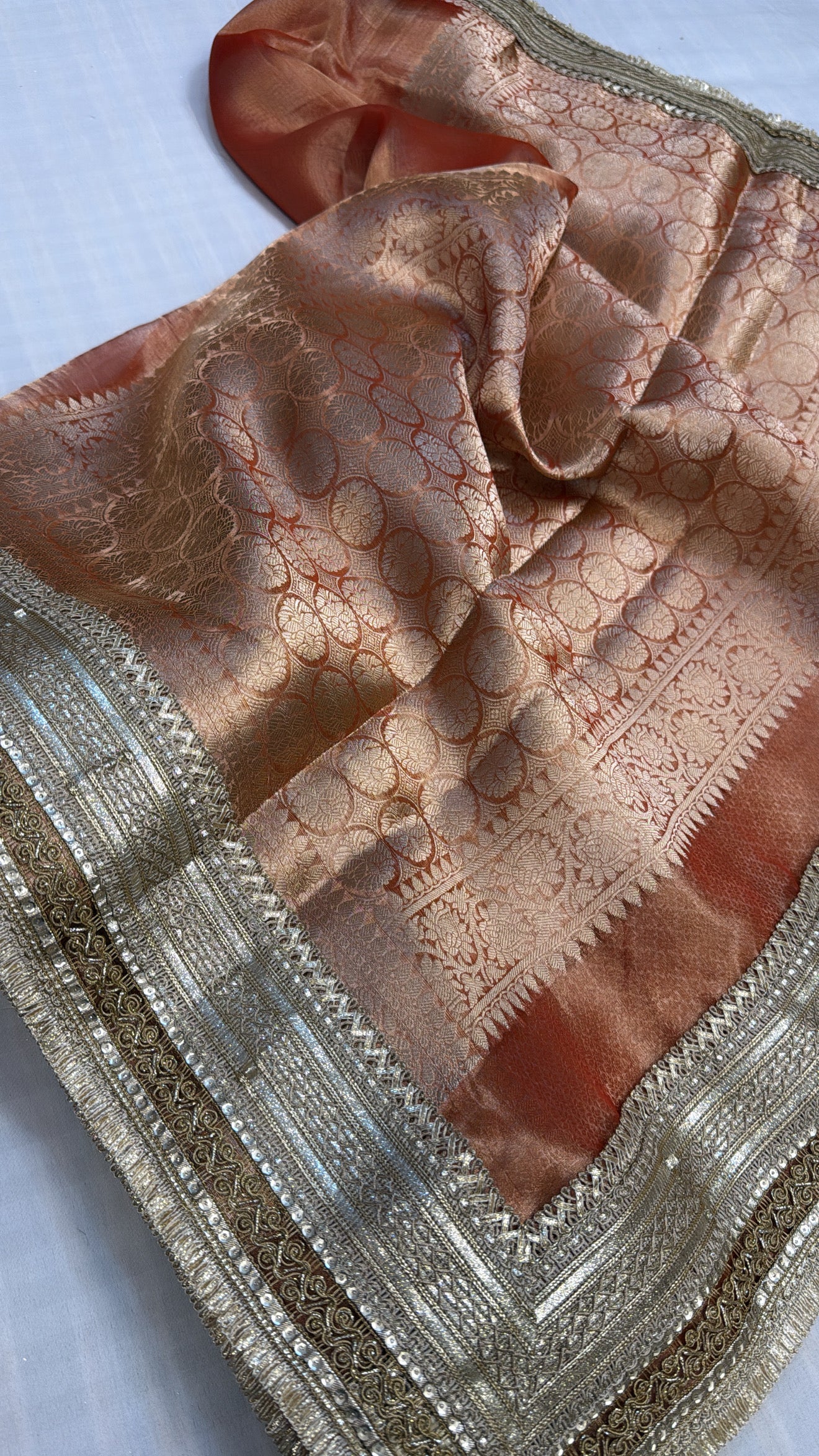 Maharani tomato red tissue silk kadhwa gotapatti saree