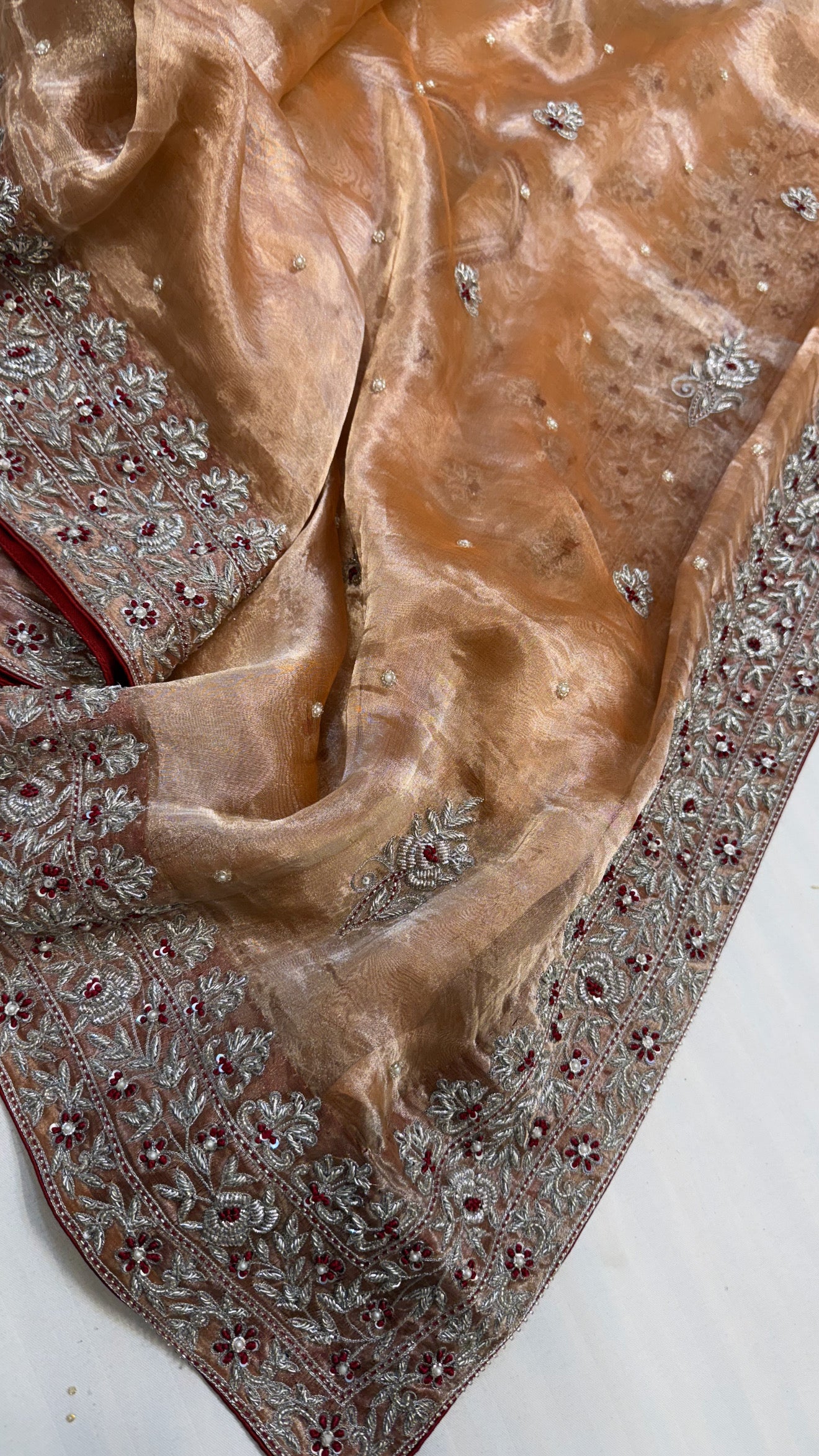 Gulab ki pankhuri husn tissue silk heavy zardozi hand embroidered border saree