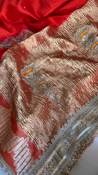 Mastani edit - Tomato red moonga silk hand embroidered kadhwa saree