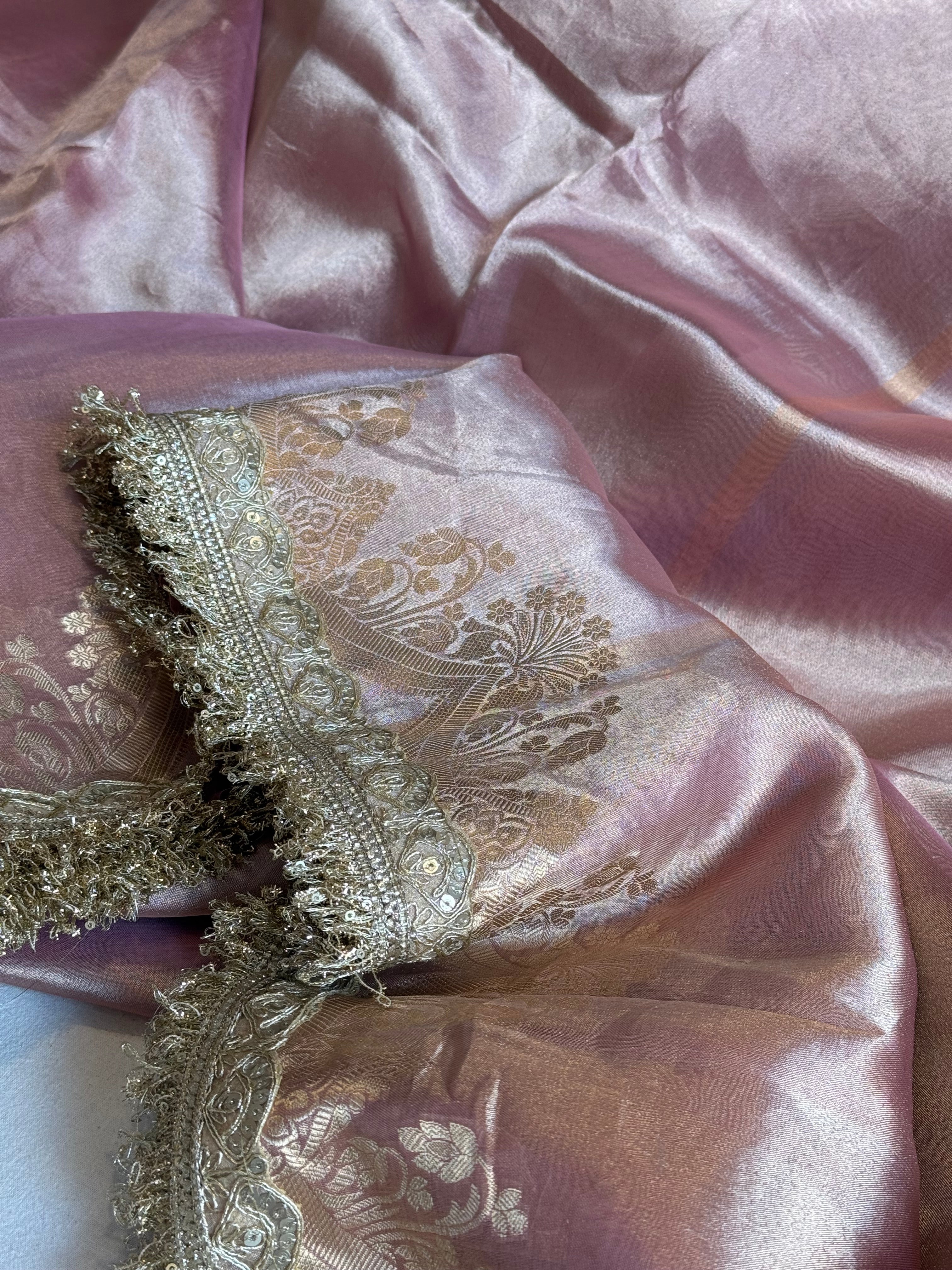 Maharani pastel blush pink tissue silk kadhwa saree
