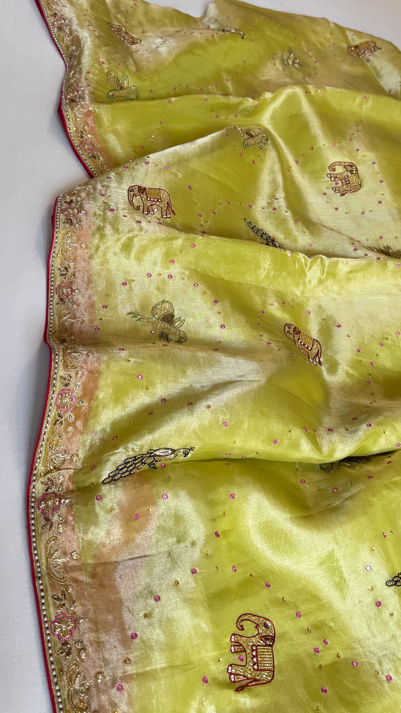 Lime yellow shikarbagh edit tissue silk kadhwa hand embroidered saree