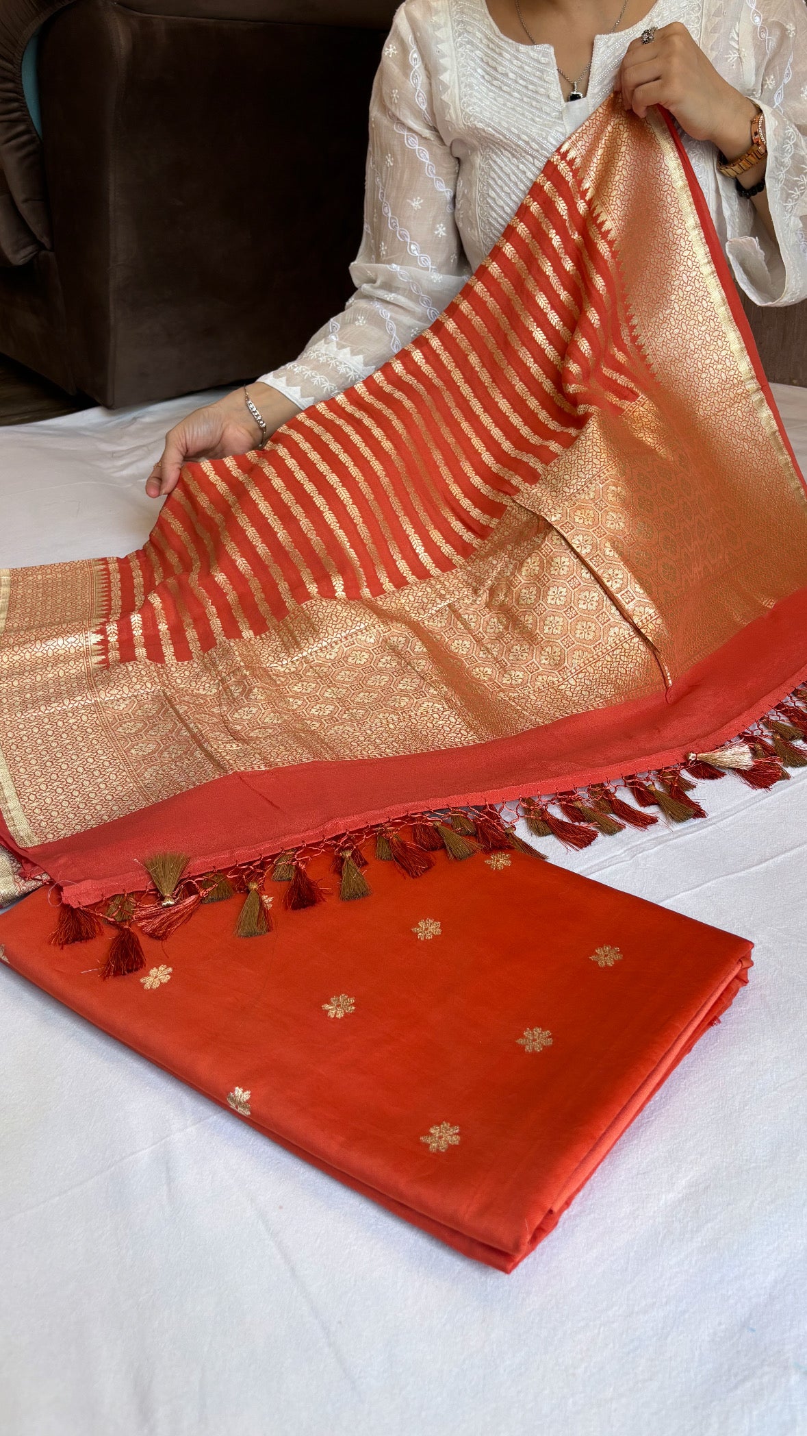 Chiniya silk kadhwa kurta paired with moonga silk duppata set