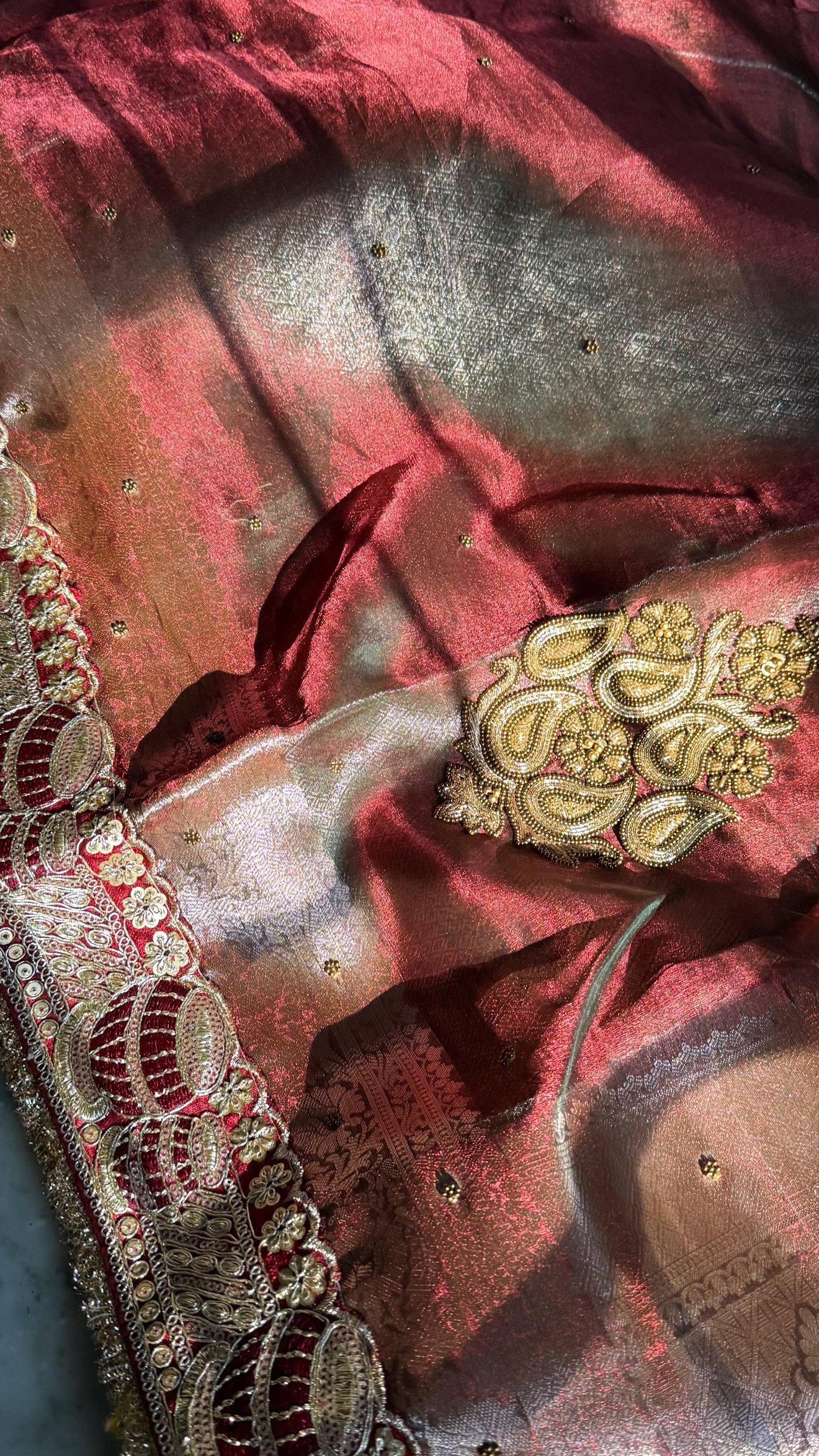 Teej special - Maroonish dhup chao red tissue silk hand embroidered kadhwa saree