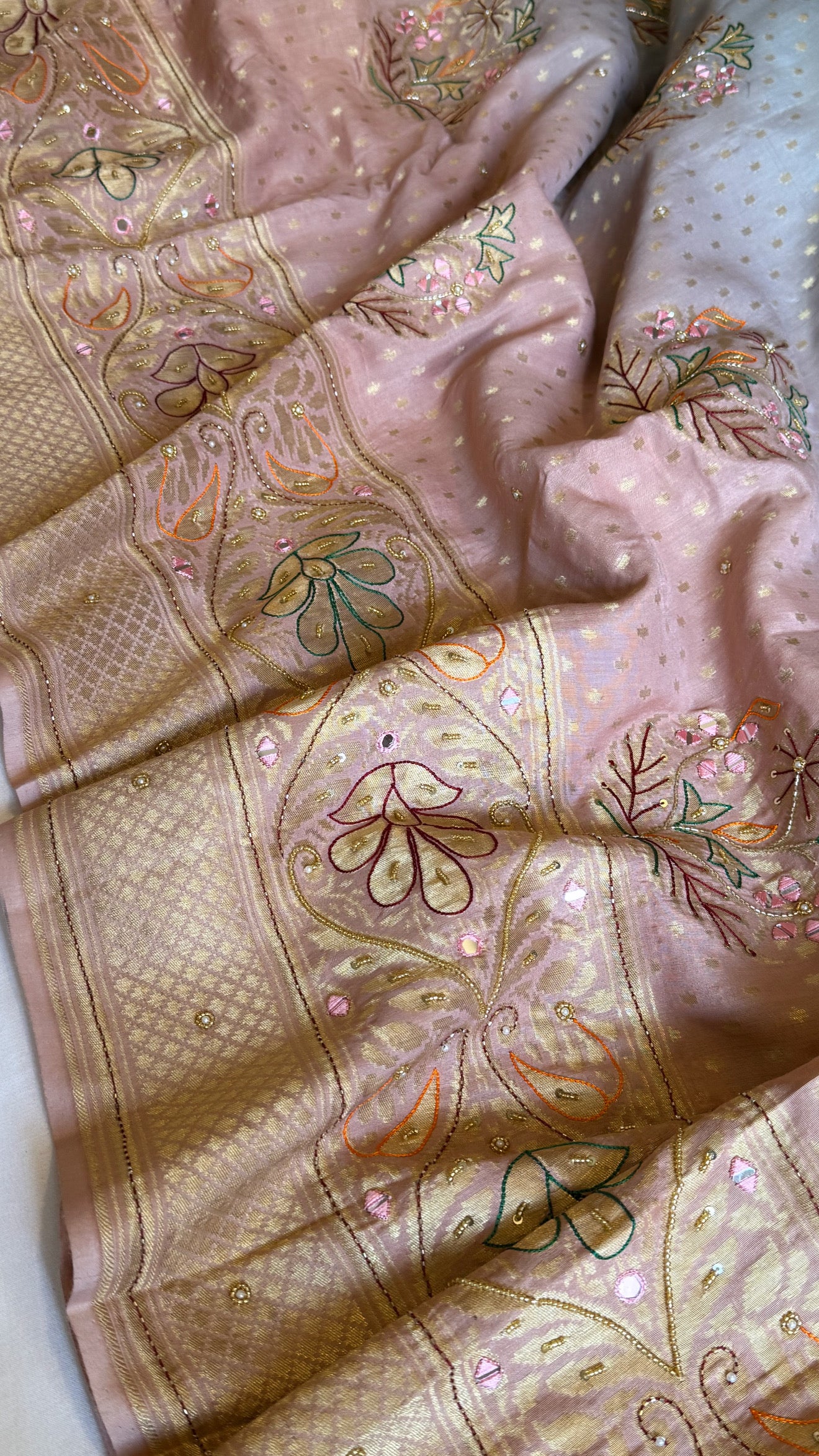 Moonga silk blush blue and pink ombre shaded hand embroidered kadhwa saree