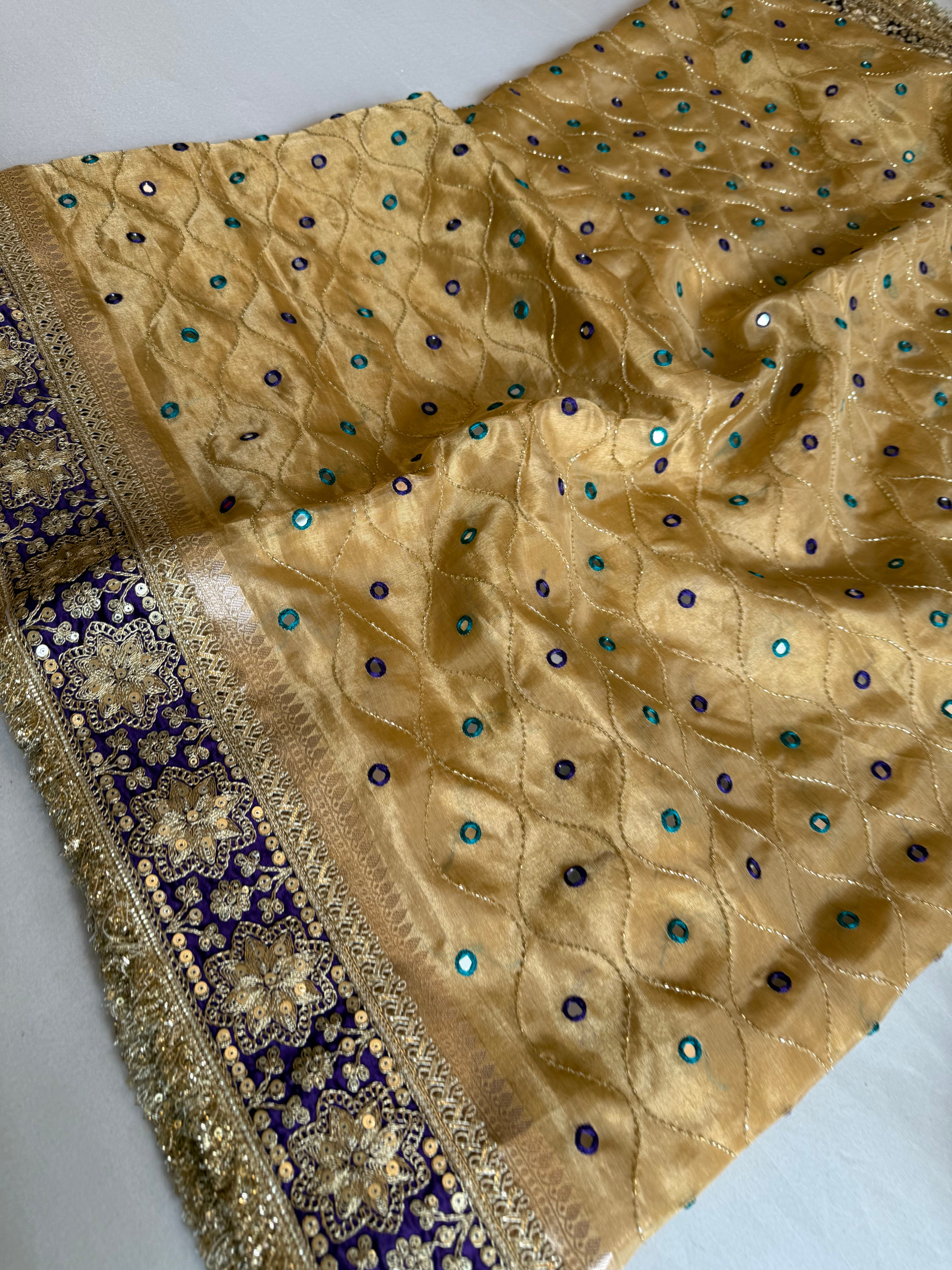Sheesham edit - Heavy double tissue silk mirror work hand embroidered saree