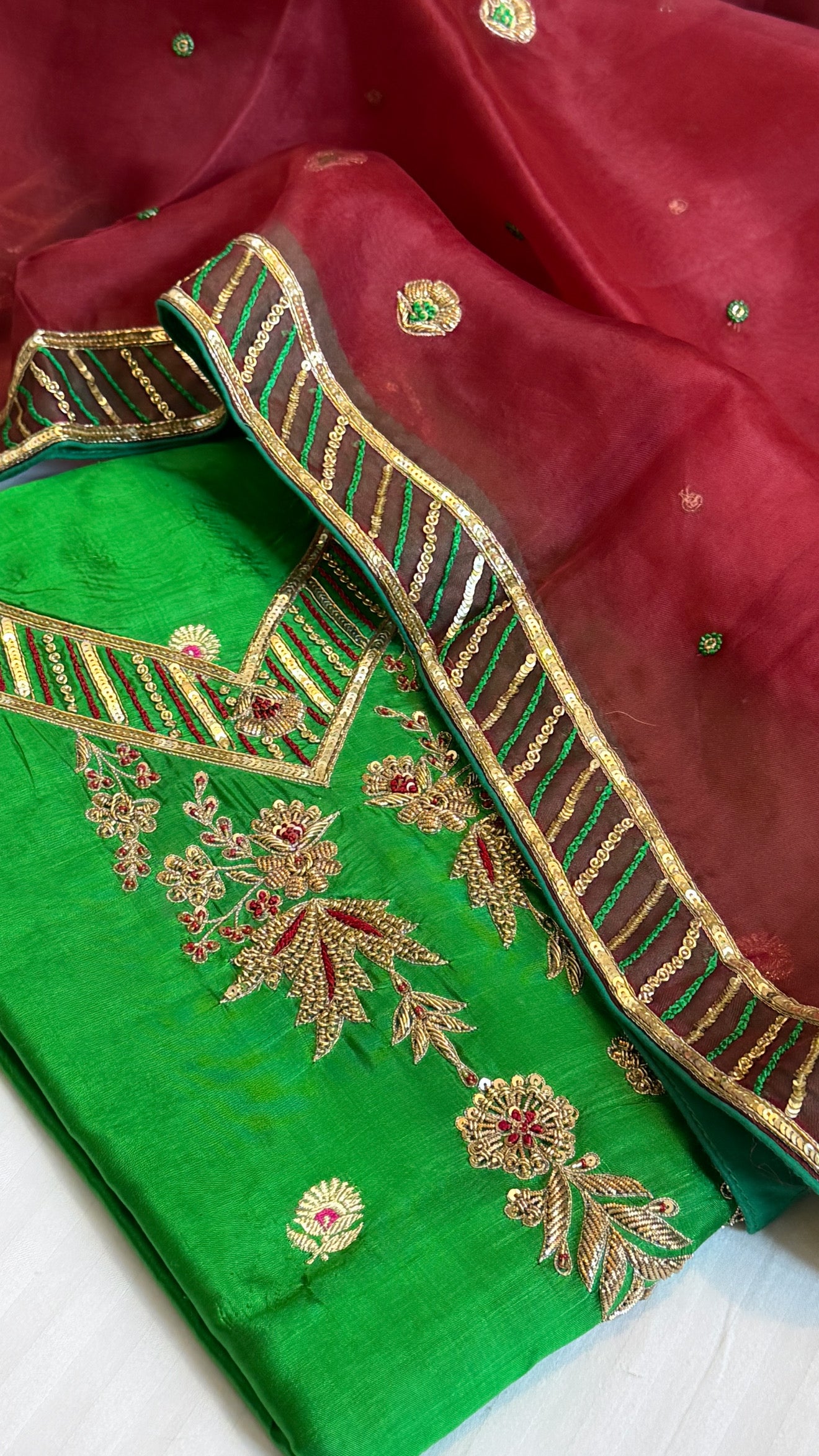 Parrot green - blood red shade katan silk hand embroidered kurta paired witj kora silk zardozi duppata