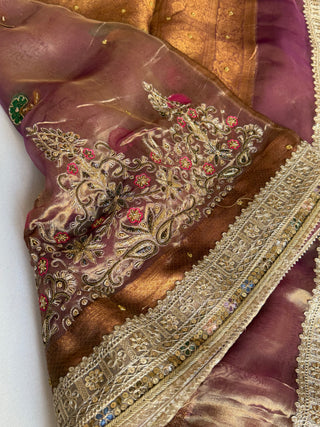 Mughal motif inspired- Lavender husn tissue silk heavy hand embroidered saree