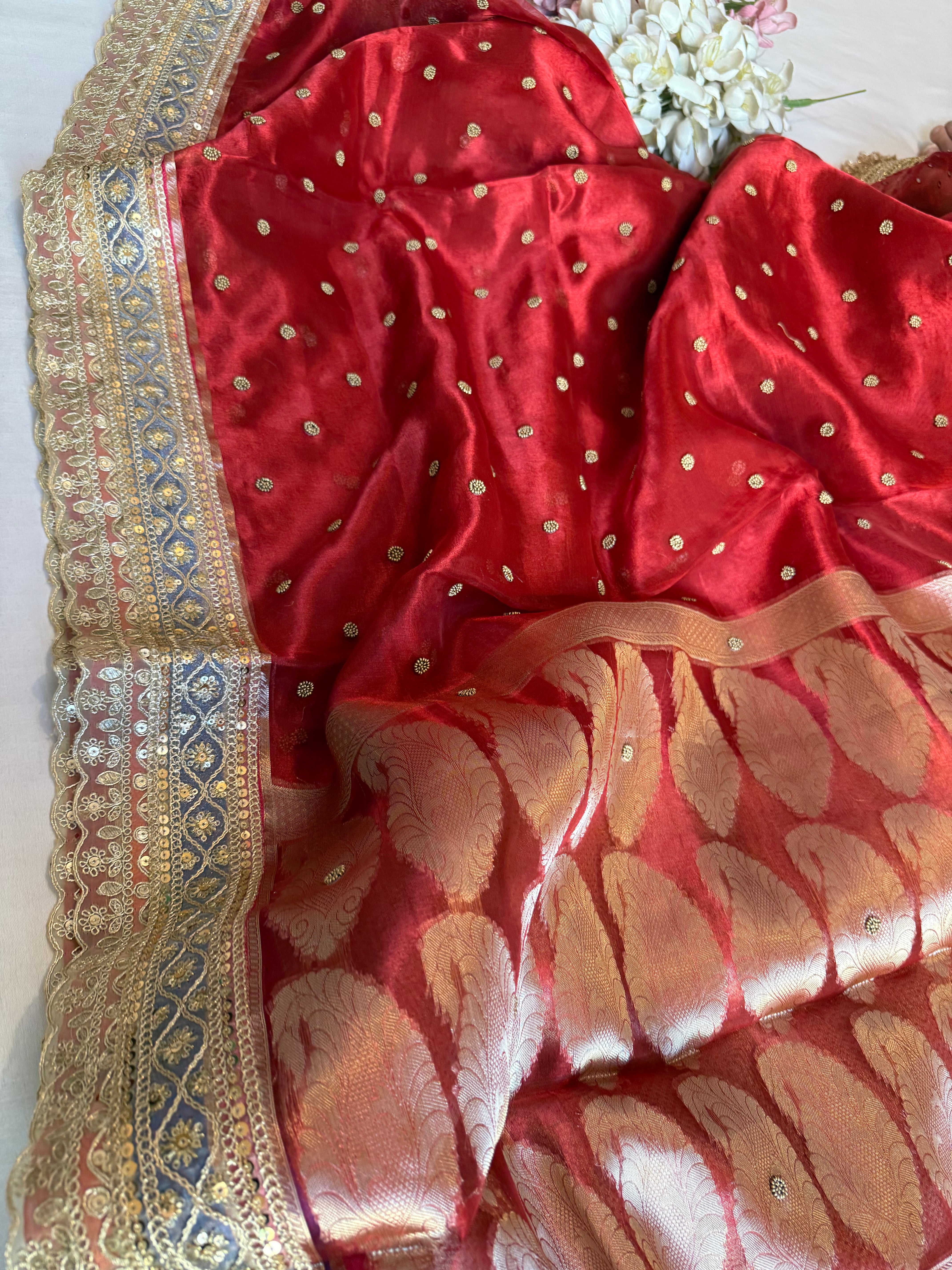 Maharani chunri buti hand embroidered kadhwa tissue silk saree