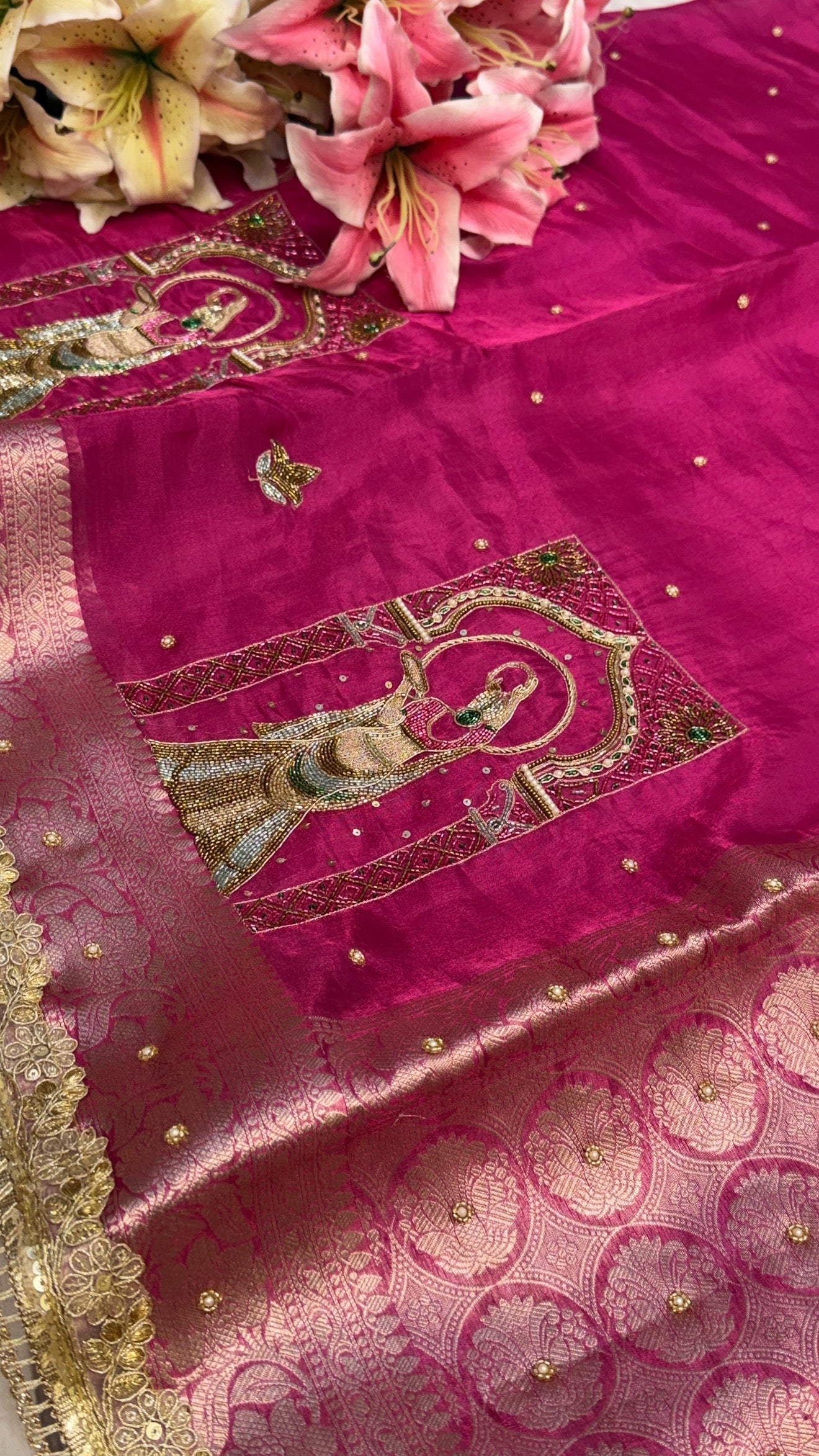 Karwachauth special - Hot metallic pink tissue silk hand embroidered kadhwa saree