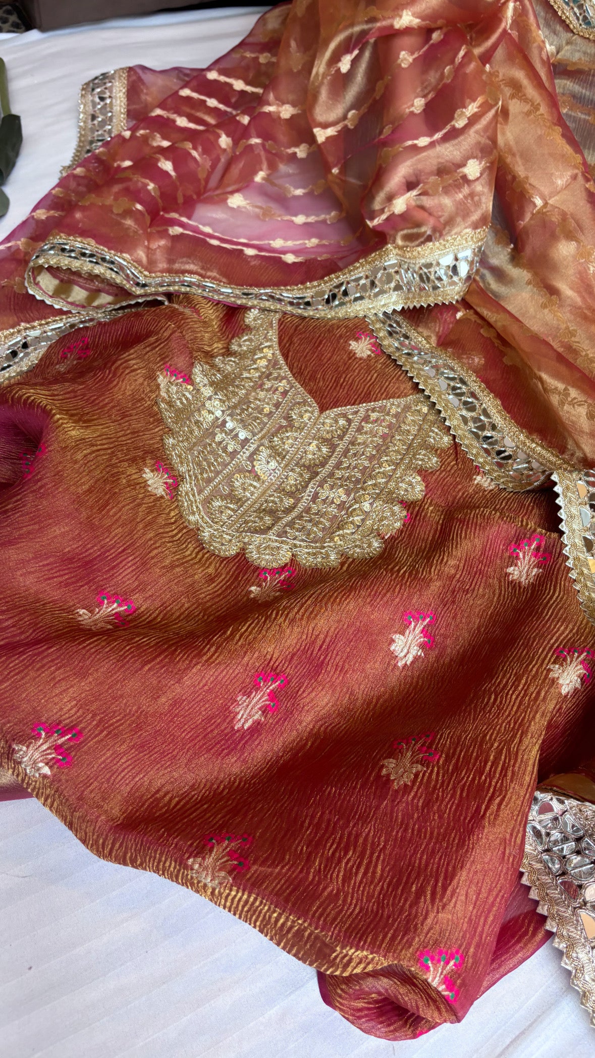 Rani pink heeramandi mirror work crushed tissue silk suit set