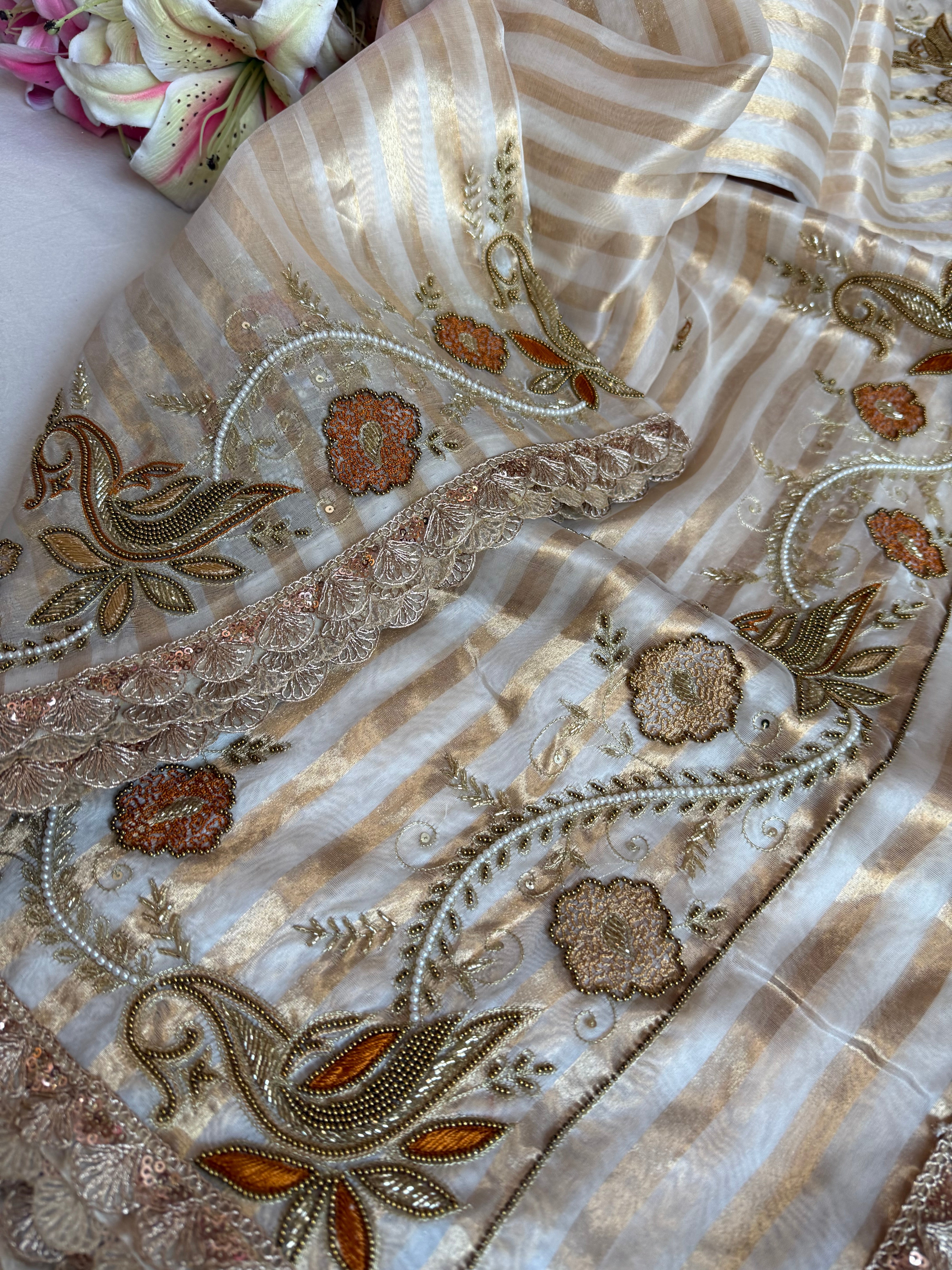 90s bollywood inspired diamond tissue silk striped shikargah border meenakari kadhwa saree