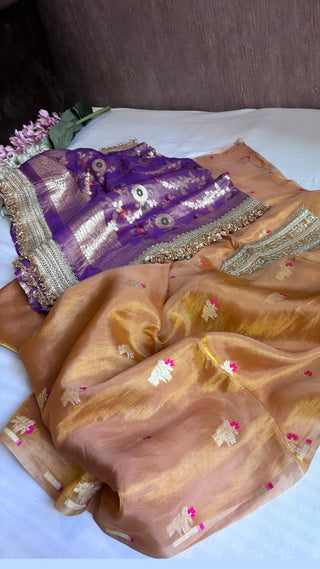 Heeramandi golden-purple contrast tissue silk meenakari suit set