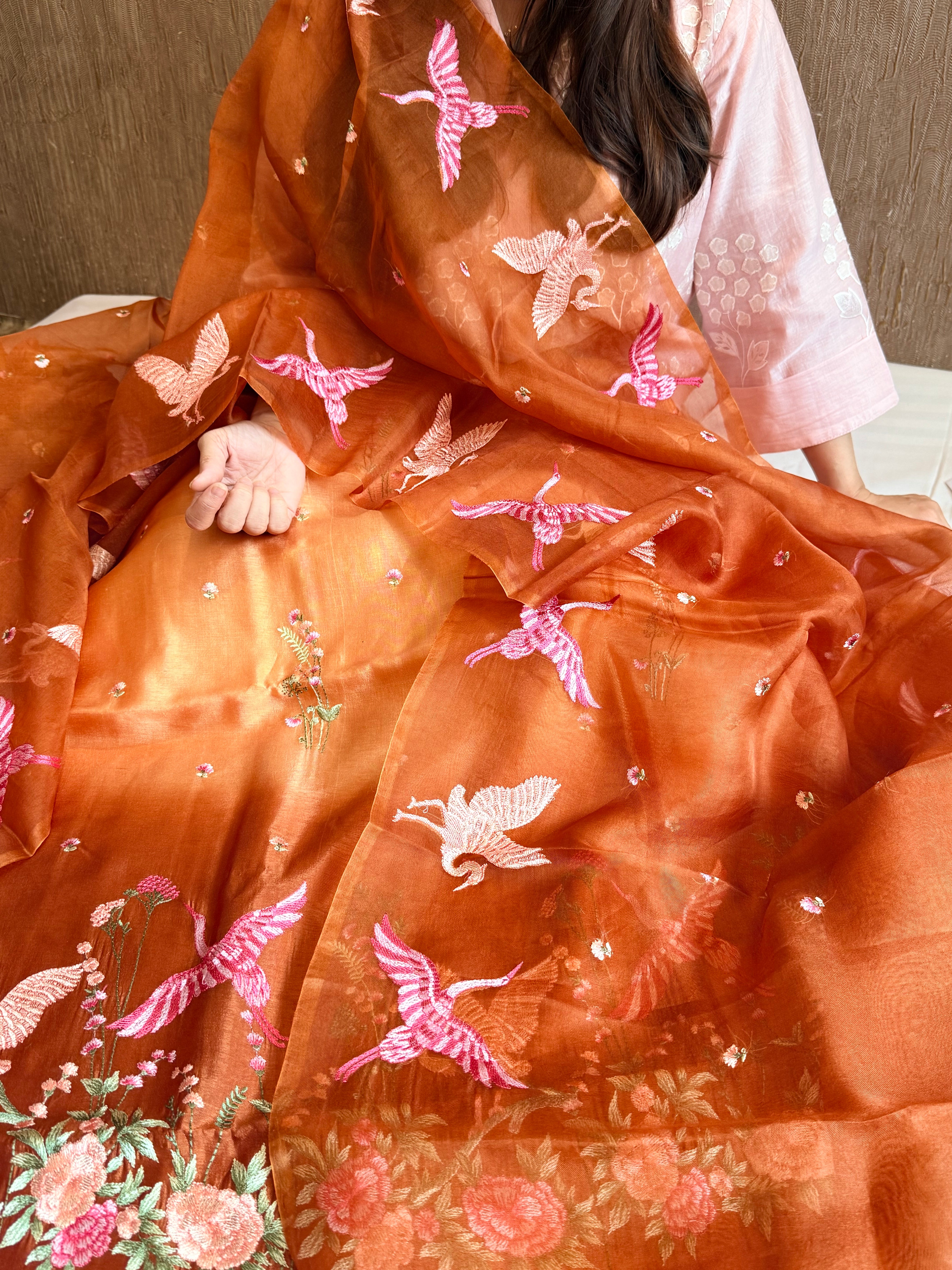 Mango silk flamingo motif hand embroidery suit set