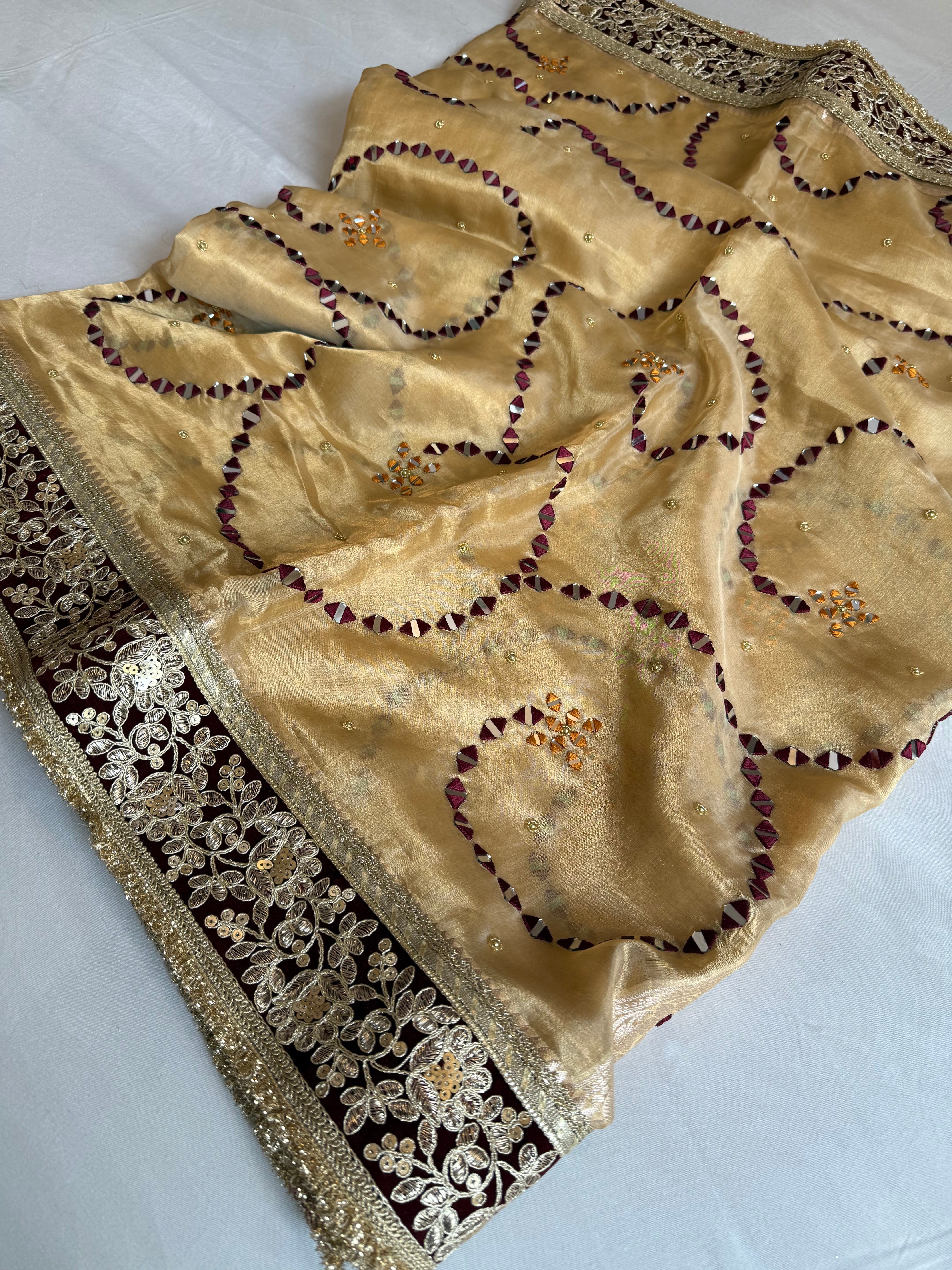 Sheesham edit - Heavy double tissue silk mirror work hand embroidered saree