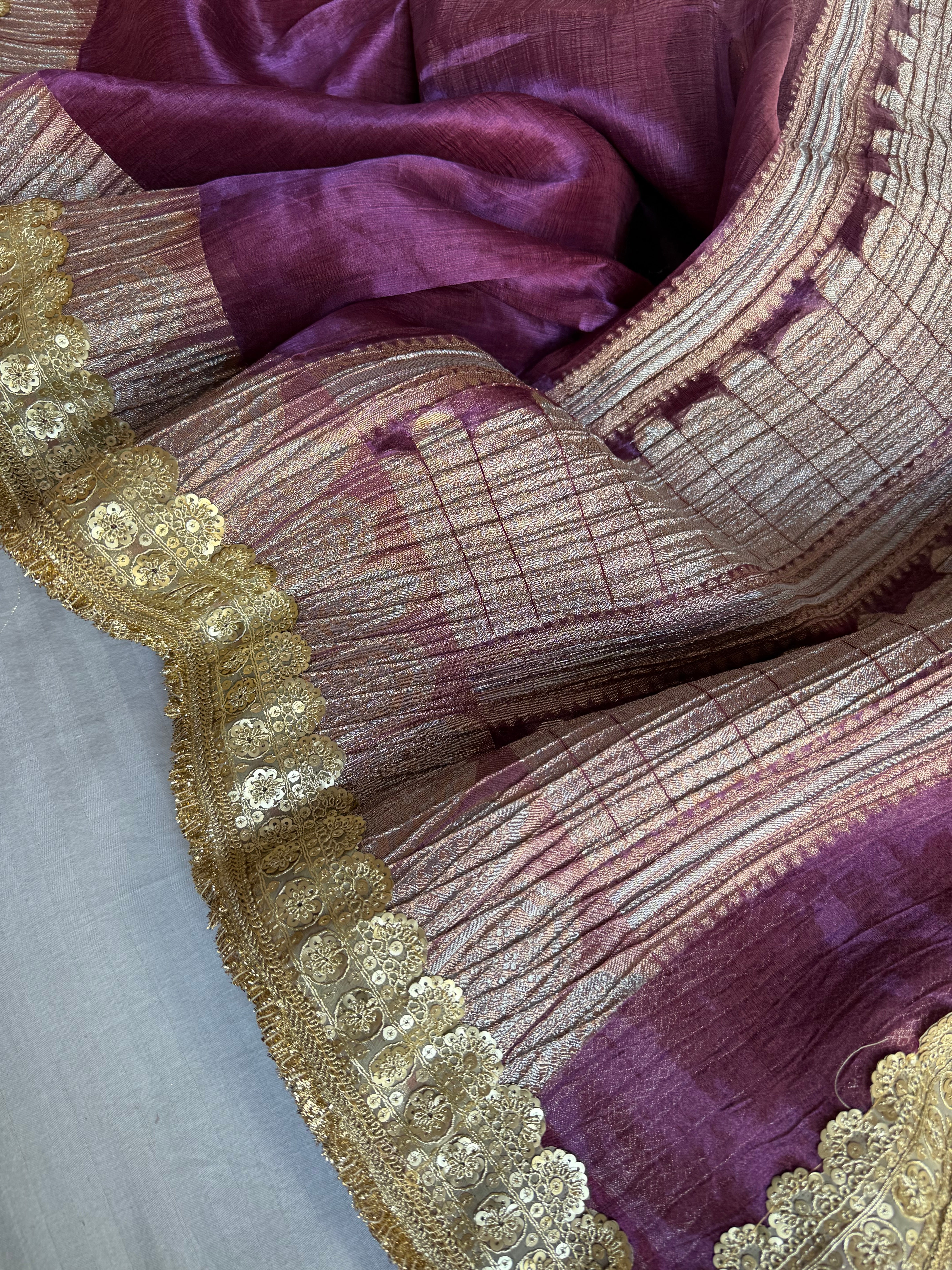 Midnight purple dhup chao effect pleated maharani tissue silk saree