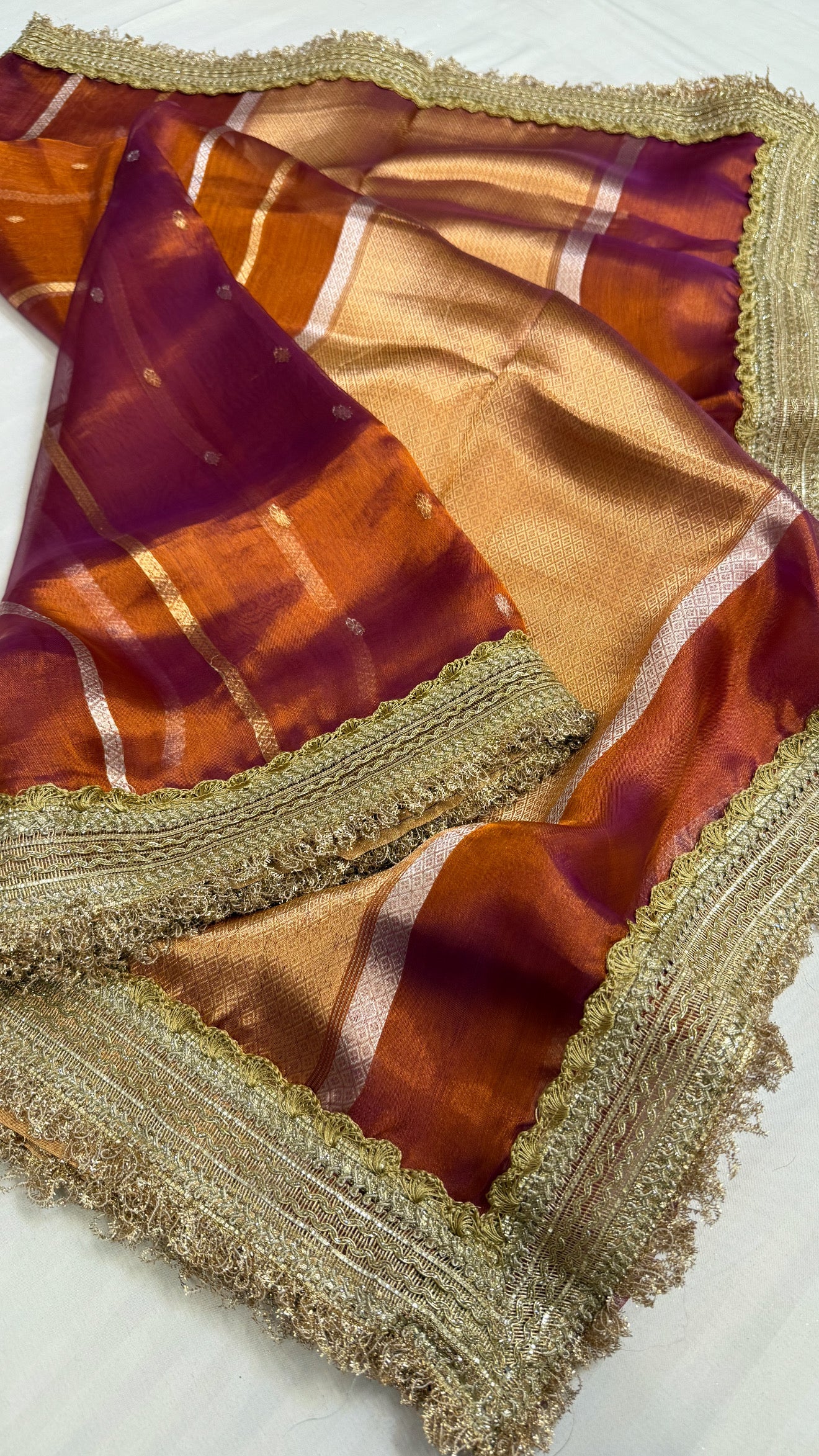 Maharani copperish deep purple tissue silk kadhwa saree