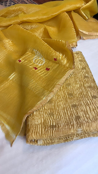 Pure banarasi golden yellow crushed tiisue silk kadhwa sona rupa meenedar buti three piece suit set