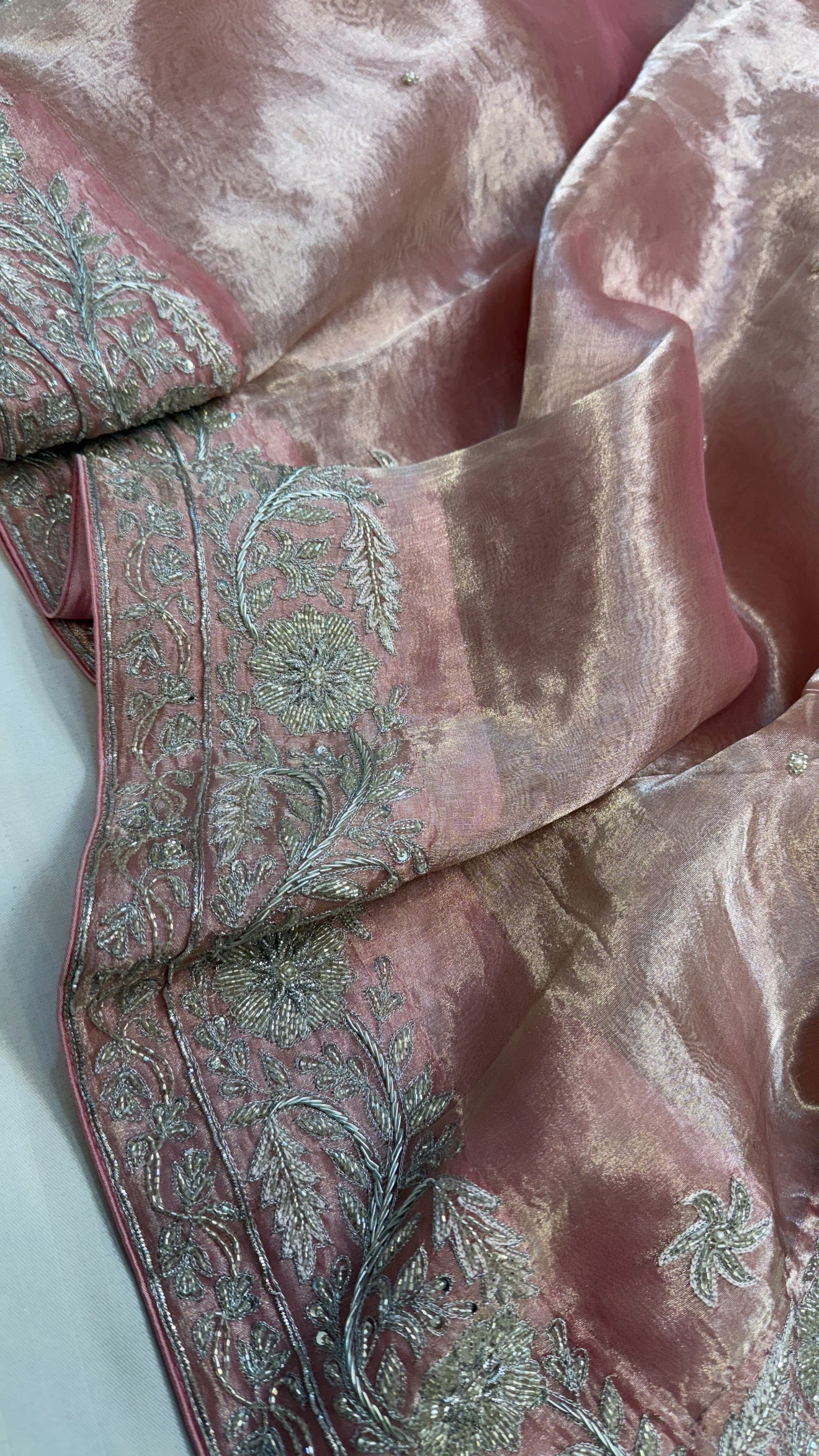 Gulab ki pankhuri husn tissue silk heavy zardozi border hand embroidered saree