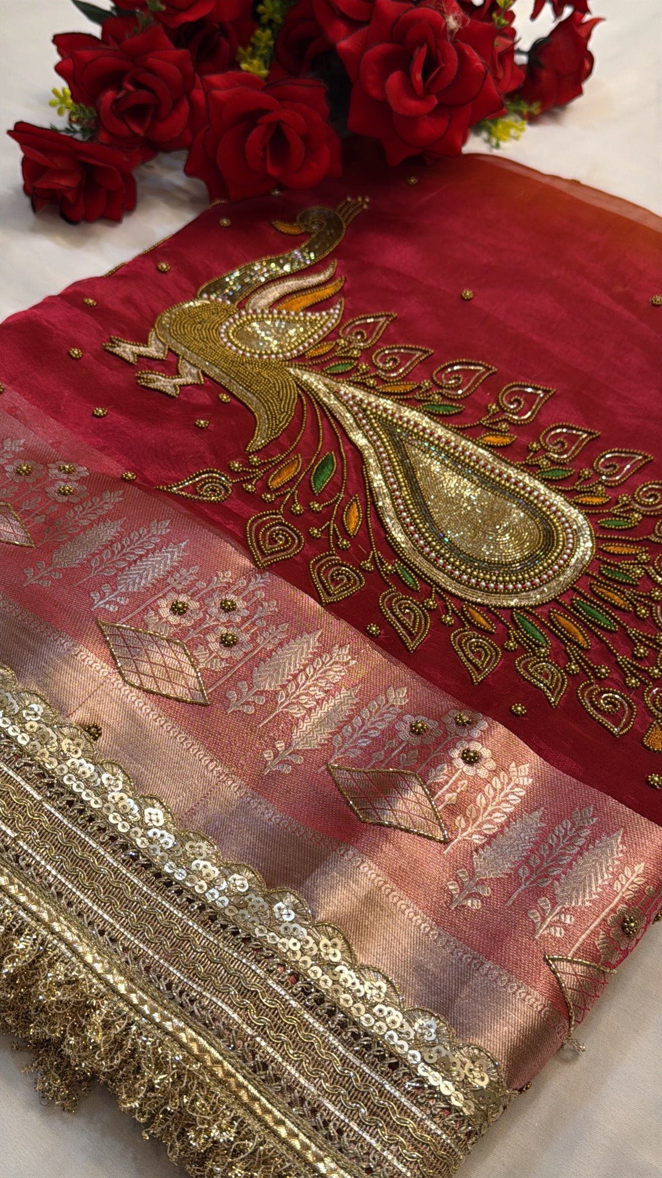 Dulhan ka joda pinkish red husn tissue silk hand embroidered kadhwa saree