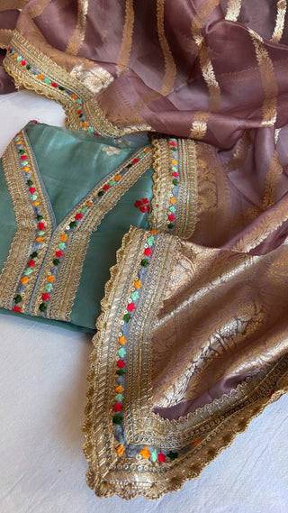 Banarasi sage blue-dull lilac kora silk combination gotapatti suit sets