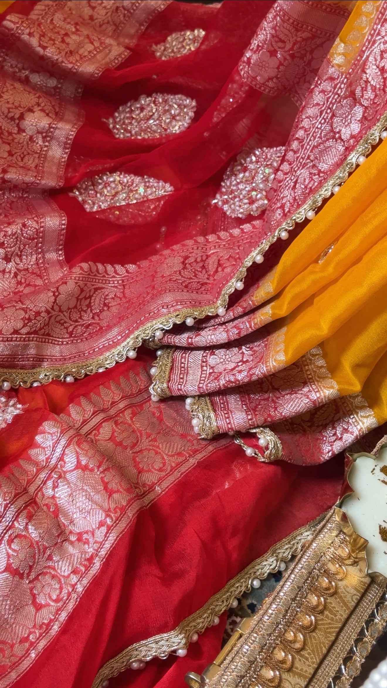Poonam inspired muhdikhai wali chiffon gorgette banarasi hand embroidered saree