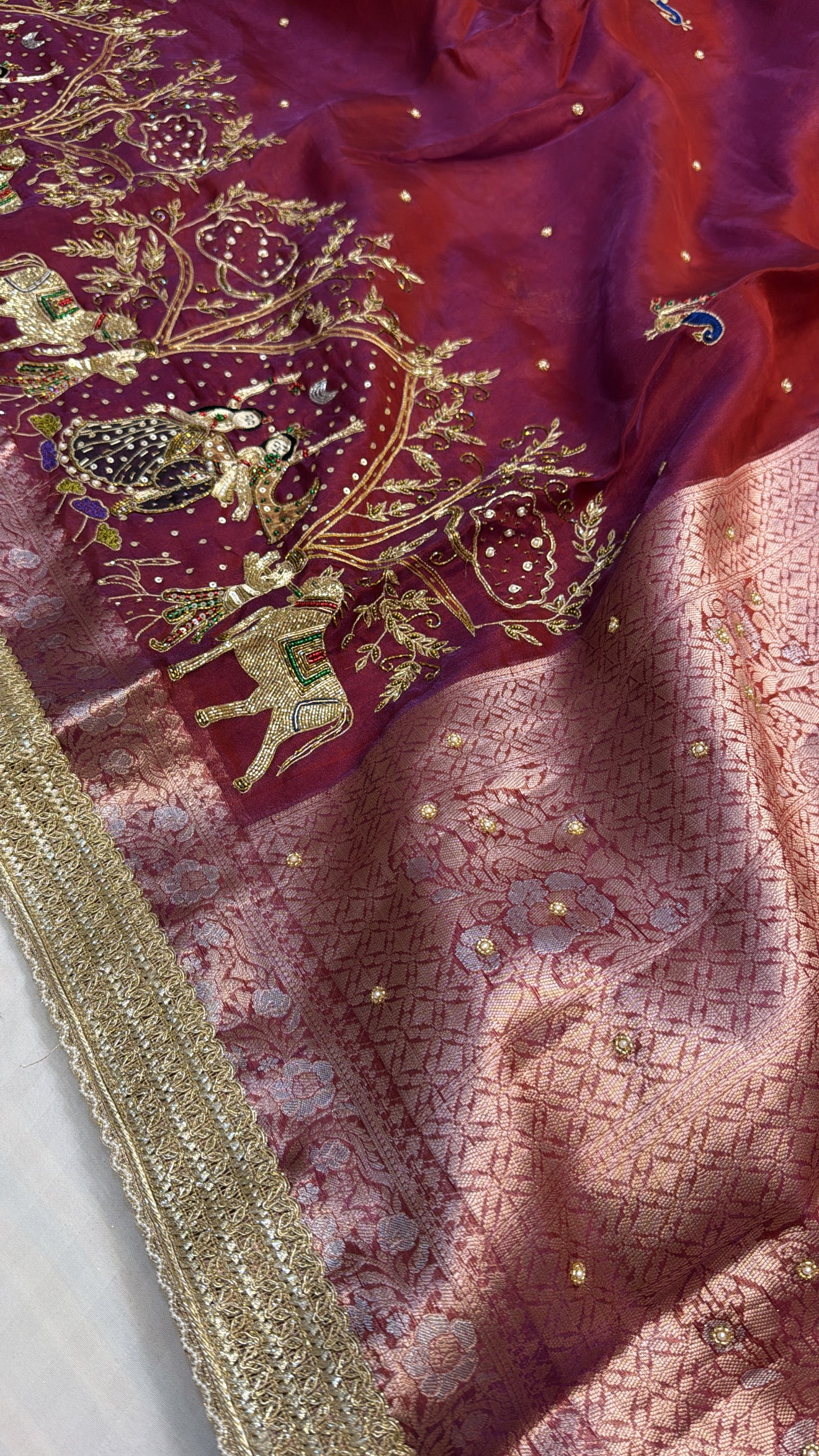 Maroonish dhup chao red tissue silk hand embroidered kadhwa rasleela saree