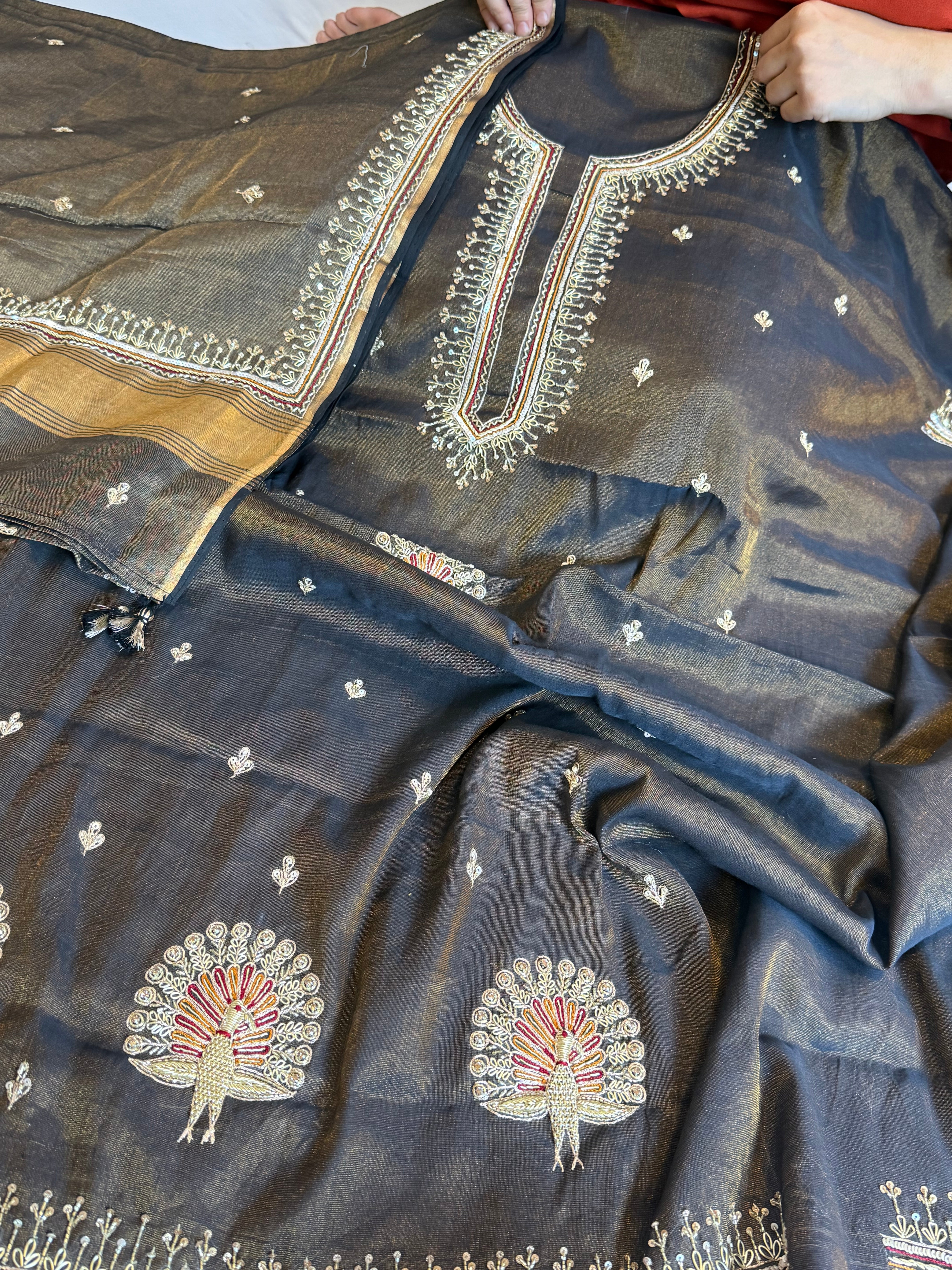 Metallic black mul cotton tissue silk hand embroidered kadhwa suit sets