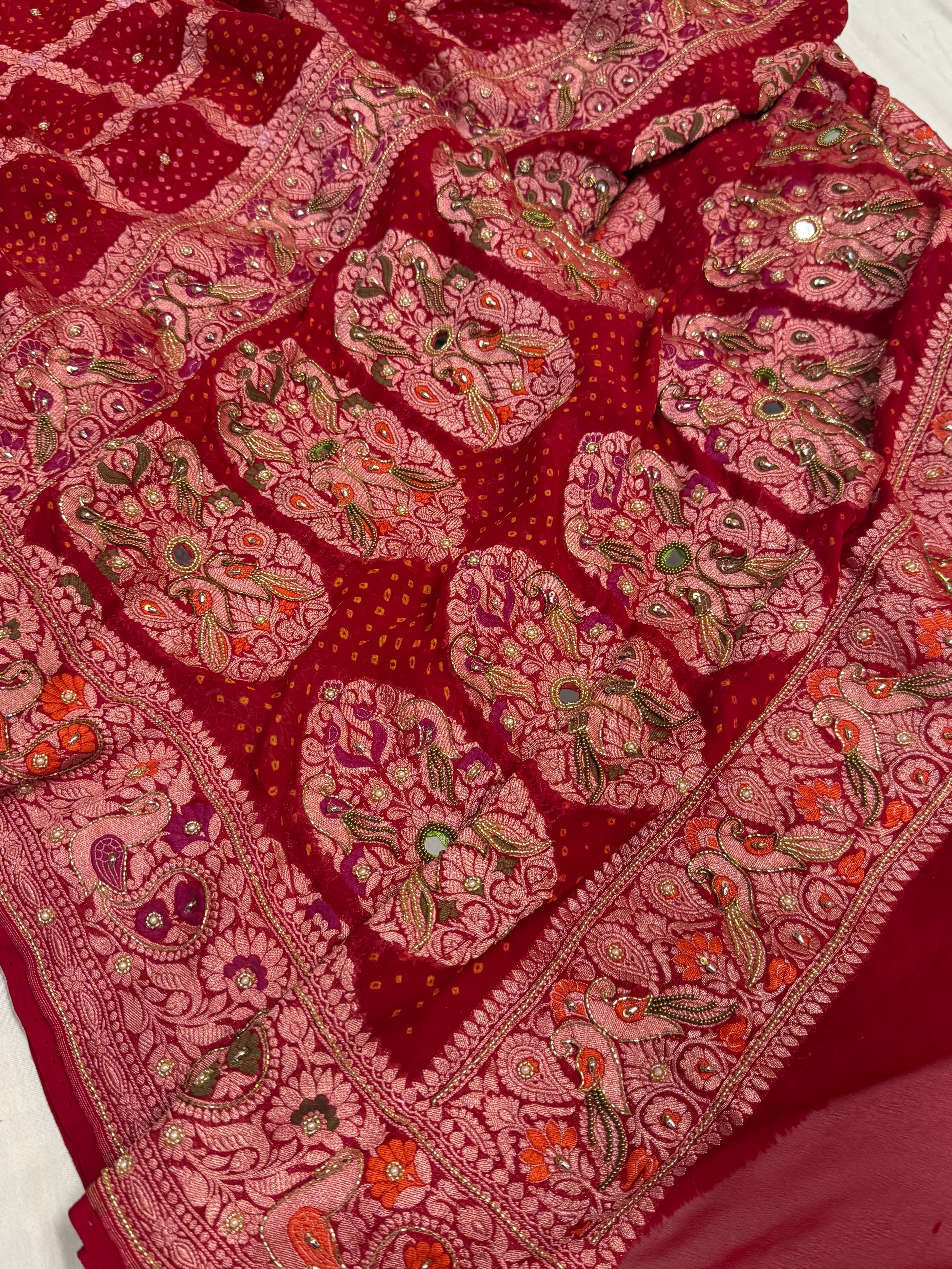 Red banarasi chiffon gorgette kadhwa hand embroidered gharchola weaving saree