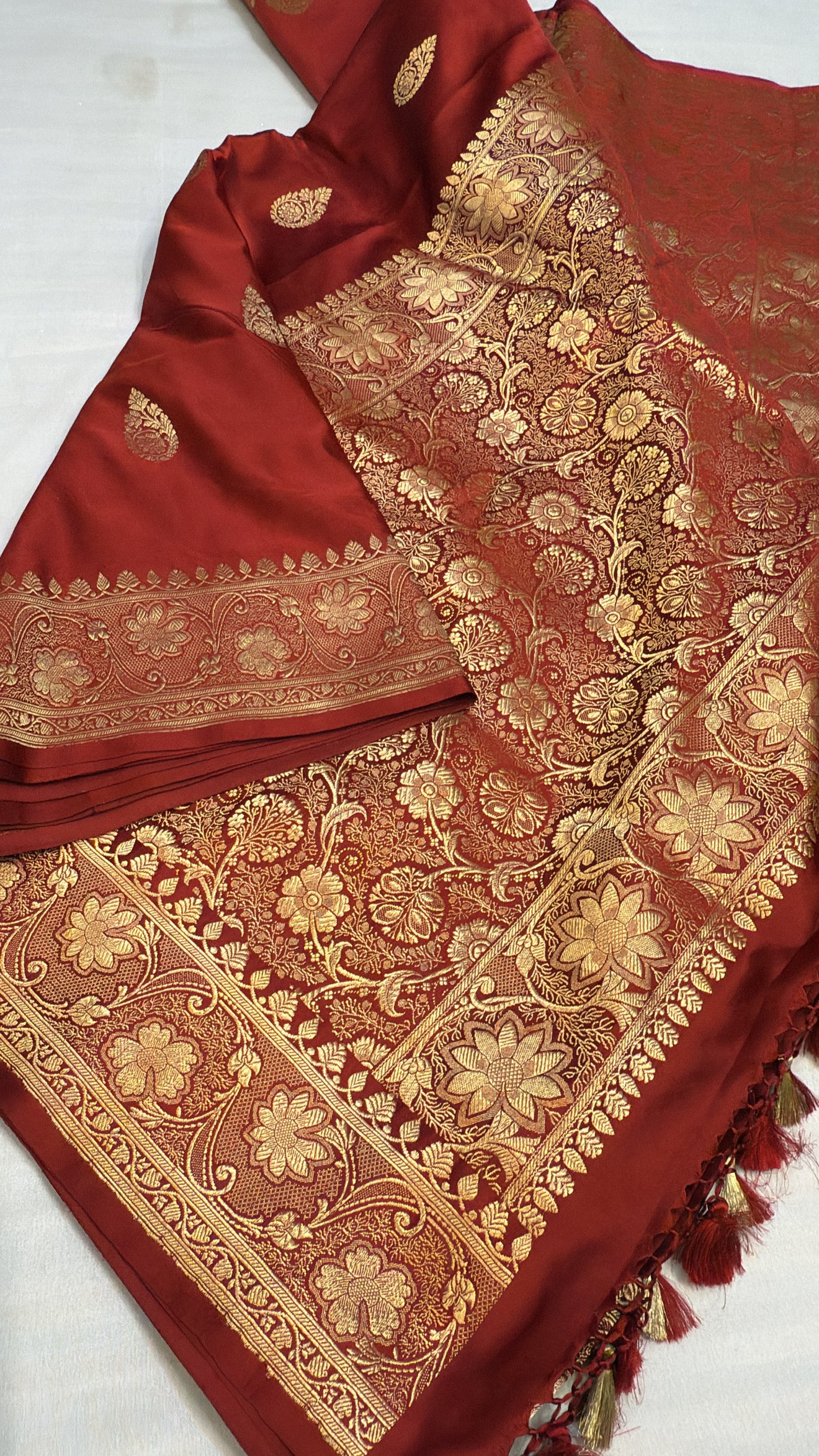Mashru satin silk maroonish red banarasi saree