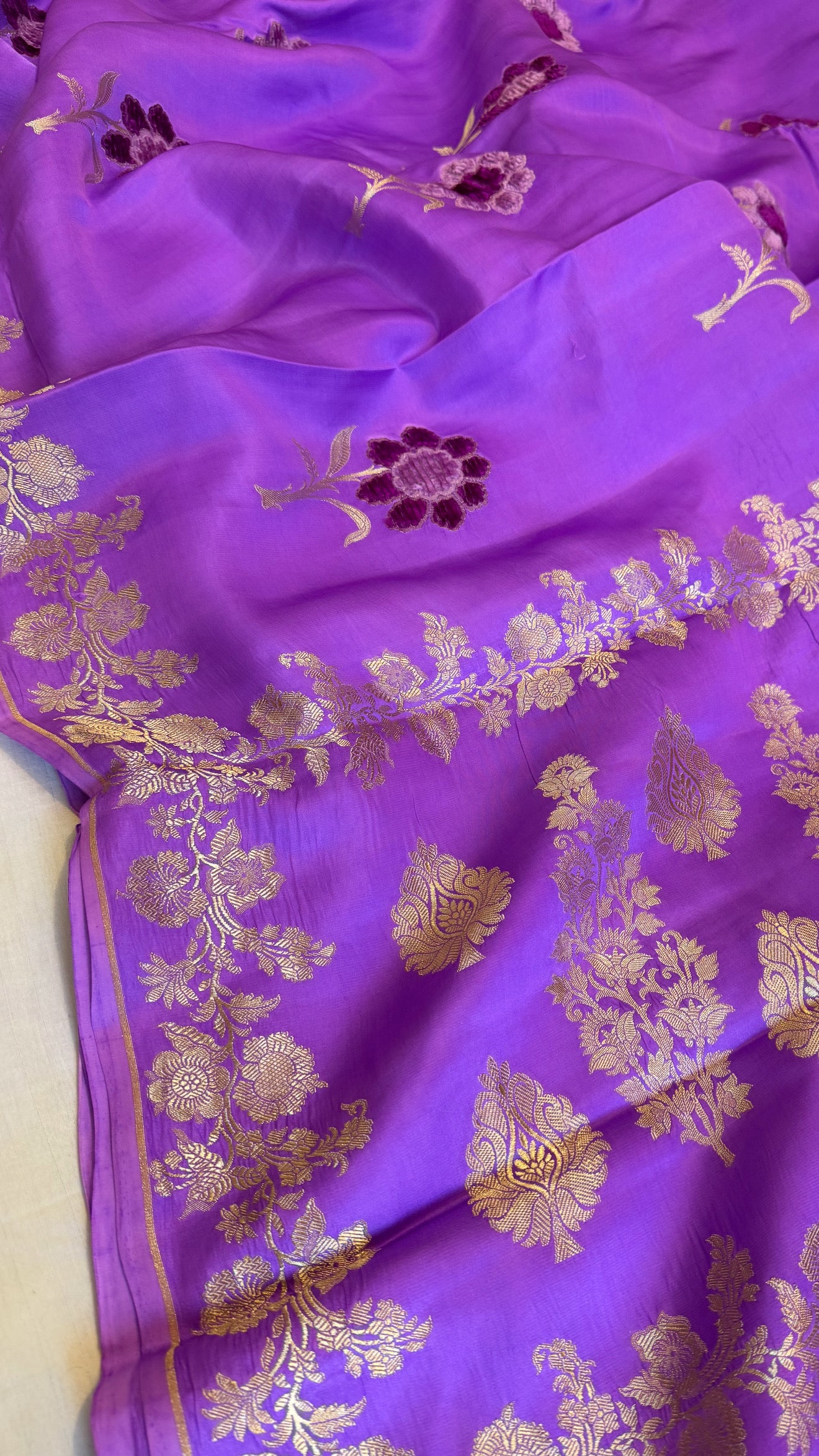 Bright violet banarasi mashru silk velvet buti kadhwa weaving saree