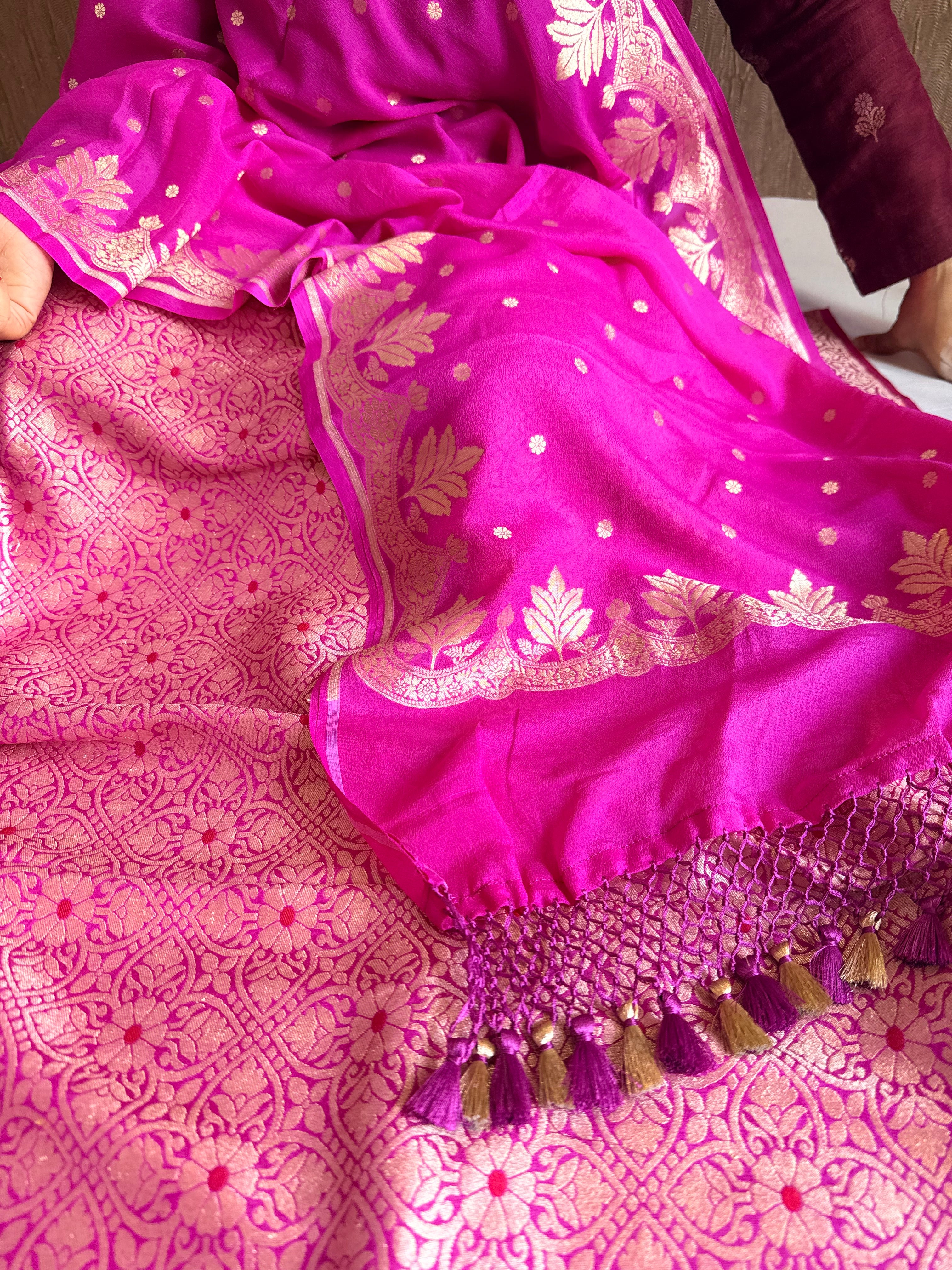 Hot pink moonga brocade ambose meenakari suit set
