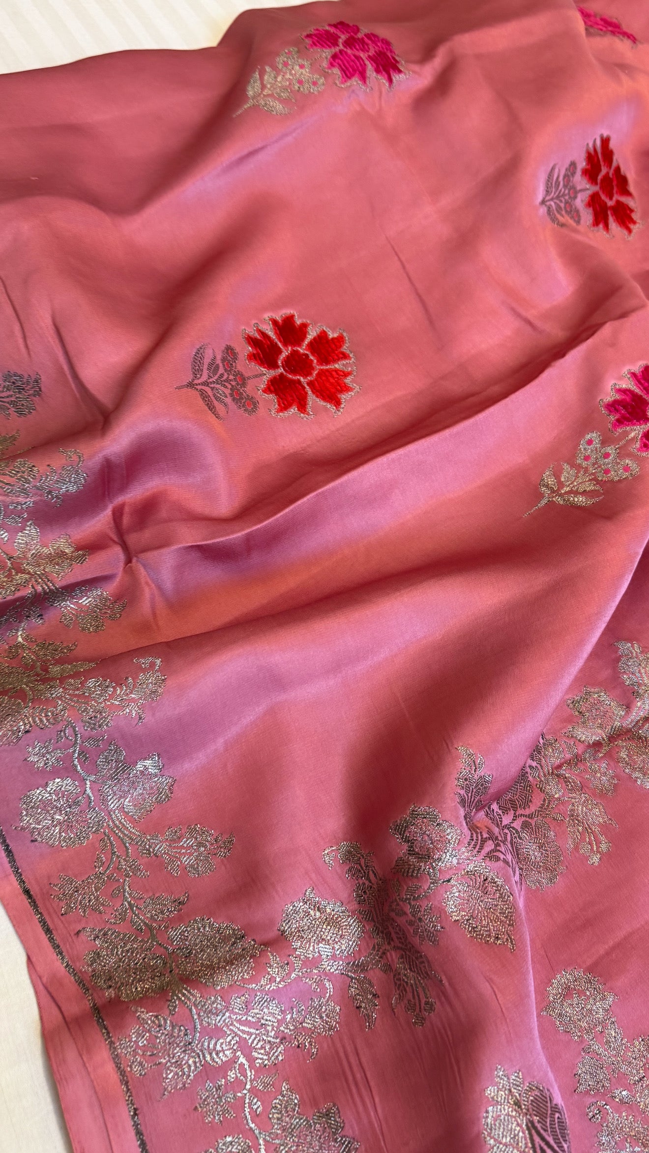 Brick peach banarasi mashru silk velvet buti kadhwa weaving antique black zari saree