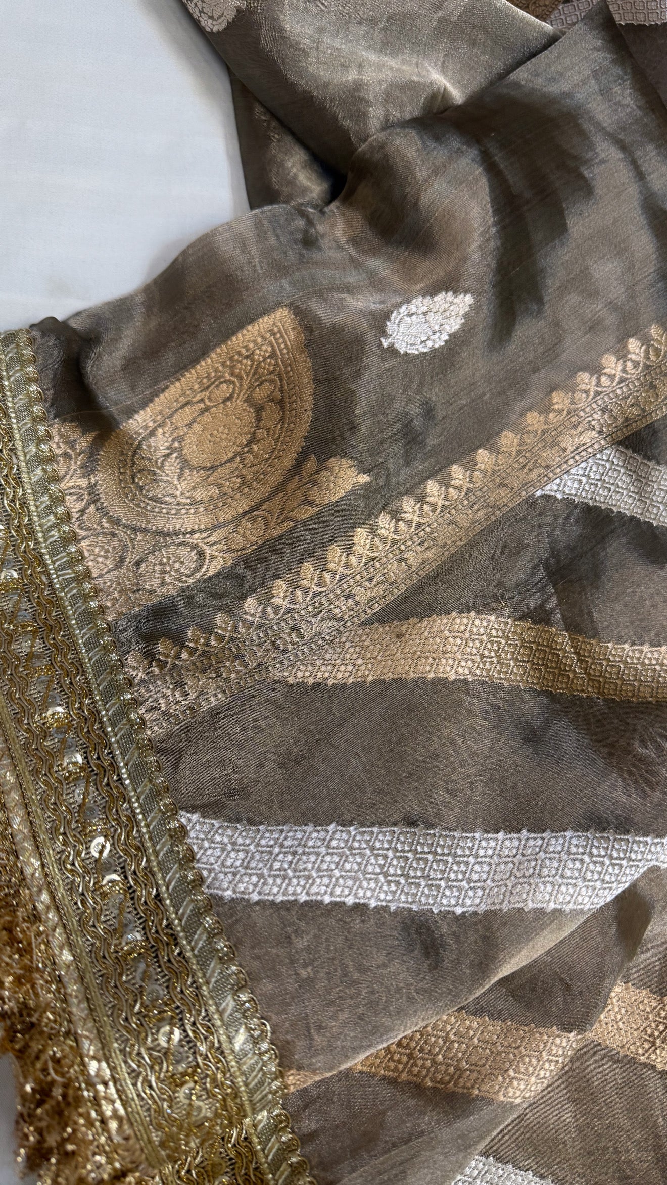 Maharani english grey tissue silk kohniya buti kadhwa saree