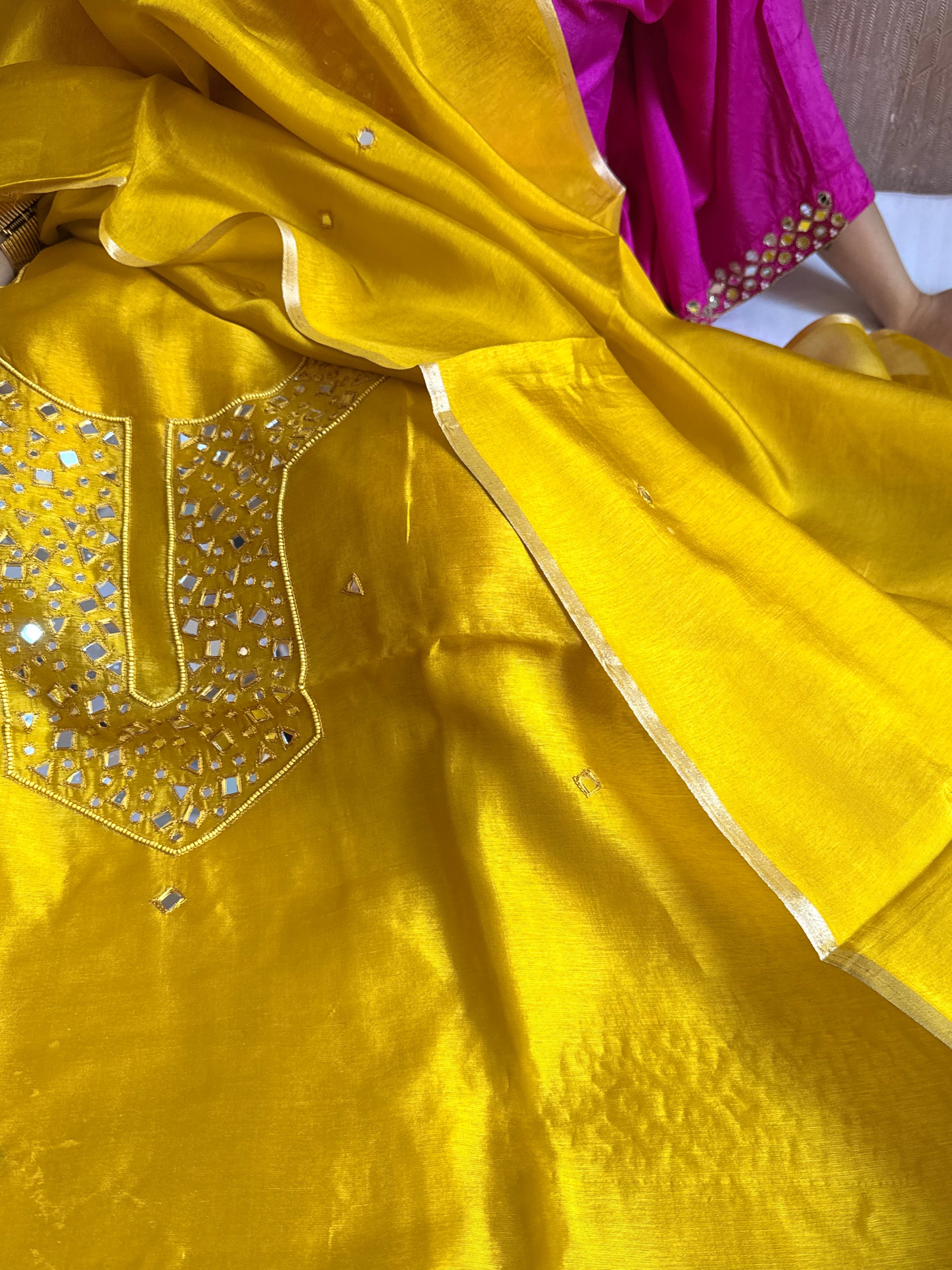 Spun chiniya silk mirror work hand embroidered banarasi suit set