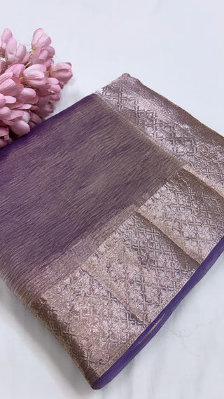 Pure banarasi bright lavender crushed tissue silk handwoven kadhwa saree with intricate border and kadhwa blouse