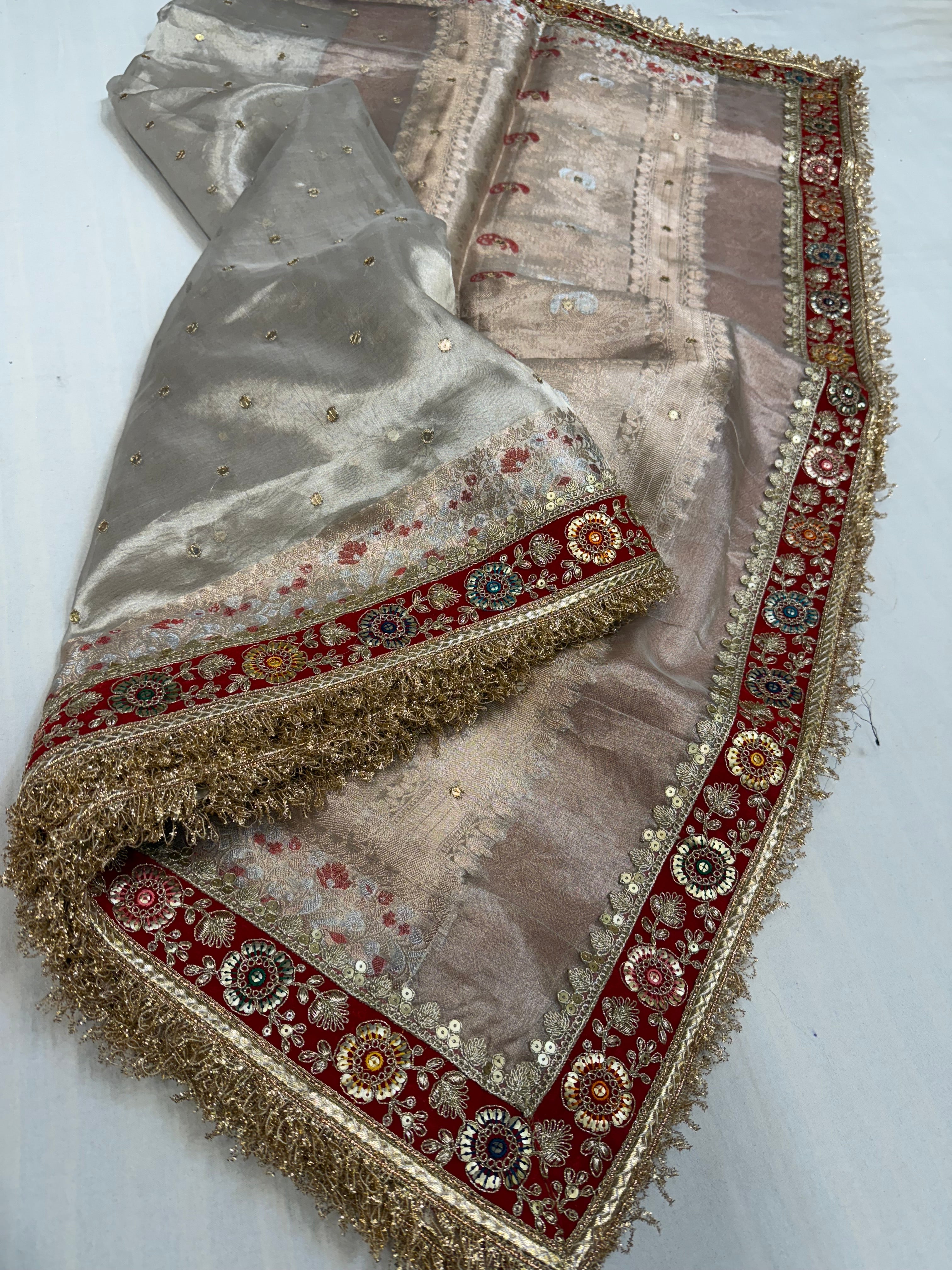 Diamond tissue silk chunri buti hand embroidered panetar saree