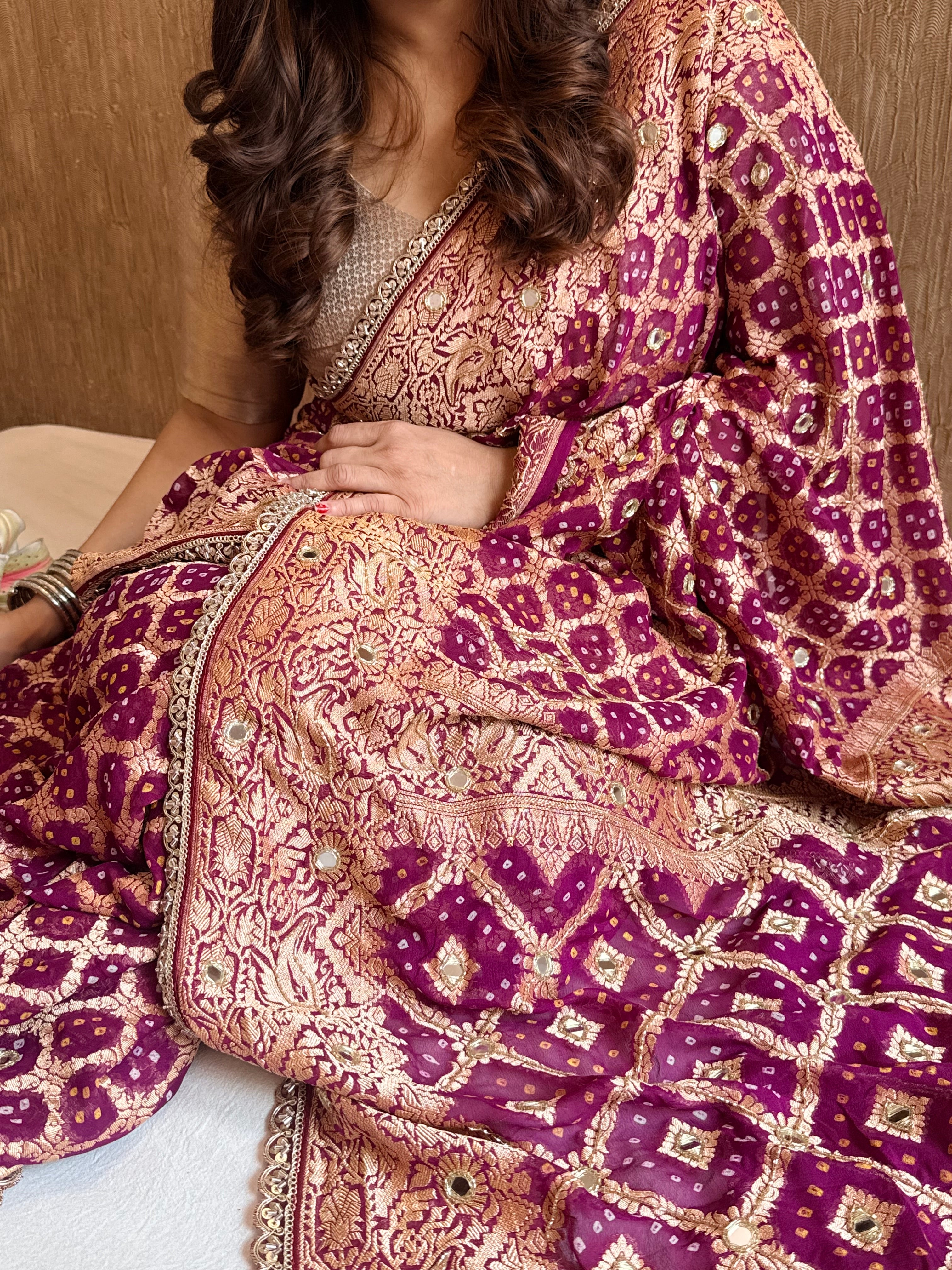 Banarasi chiffon gorgette rai bandhej kadhwa weaving hand embroidered saree