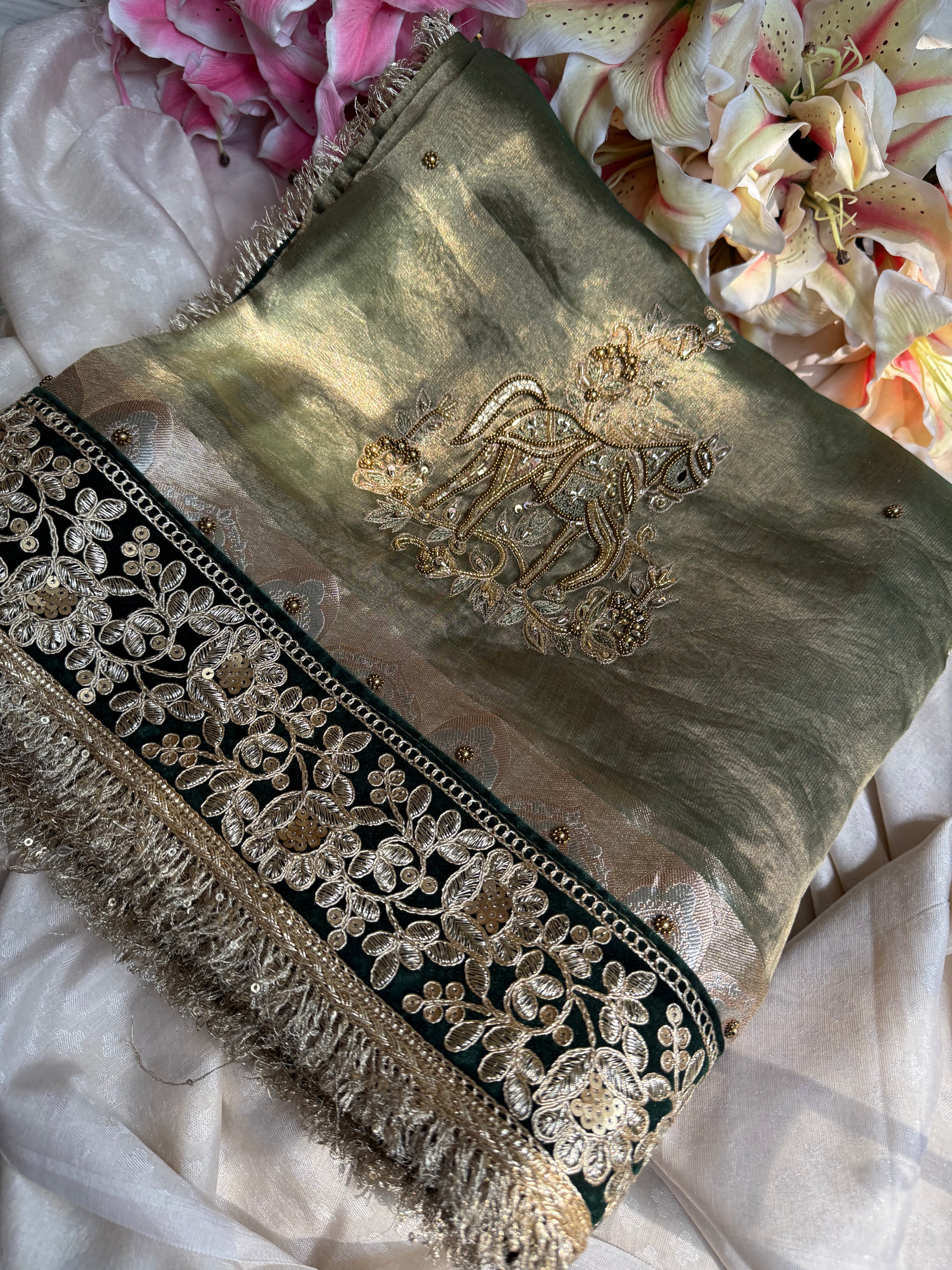 सुनहरा घोड़ा-  Royal horse motif tissue silk mint green hand embroidered saree