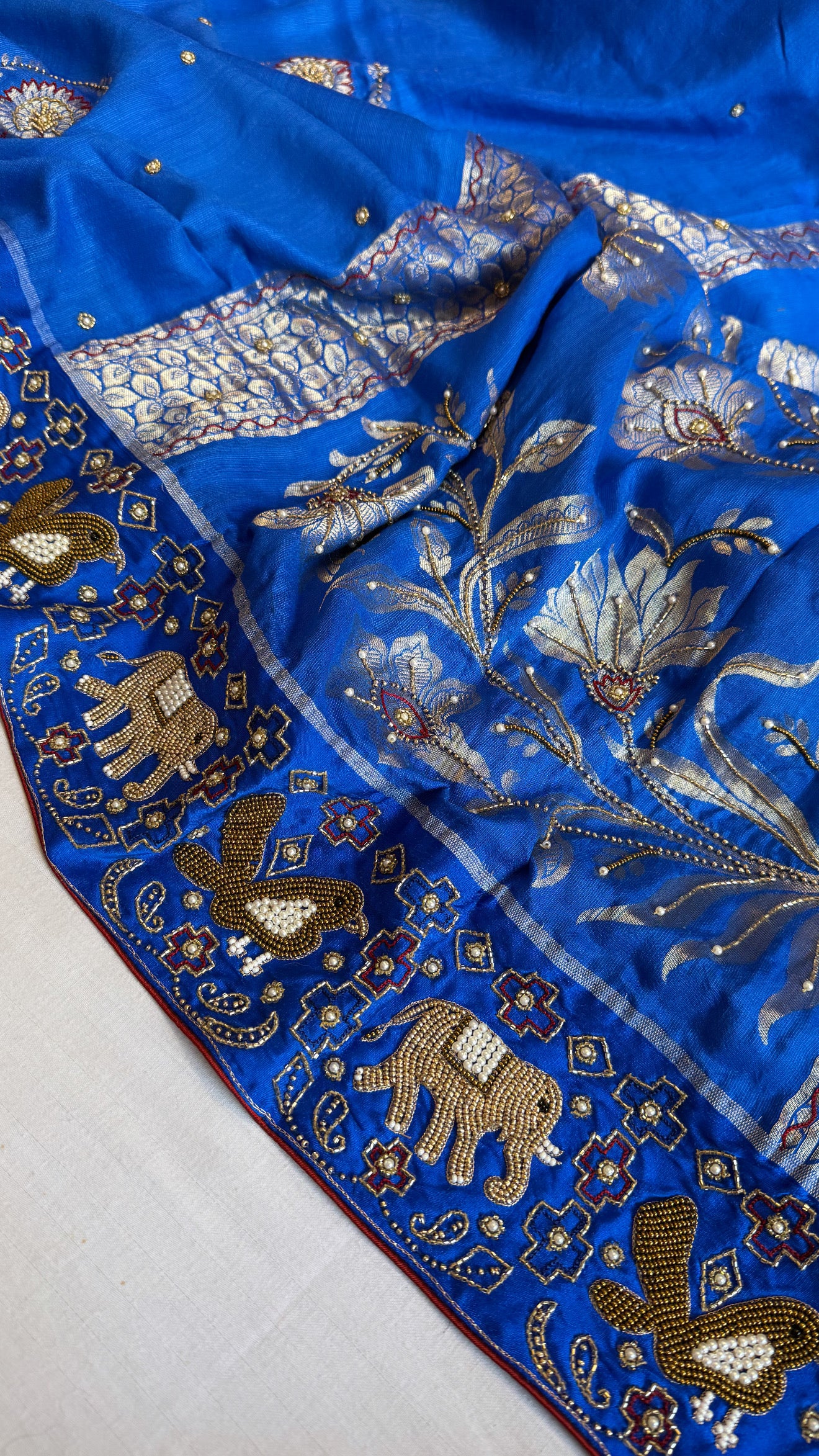 Moonga silk inspired ikkat patola inspired hand embroidered kadhwa saree