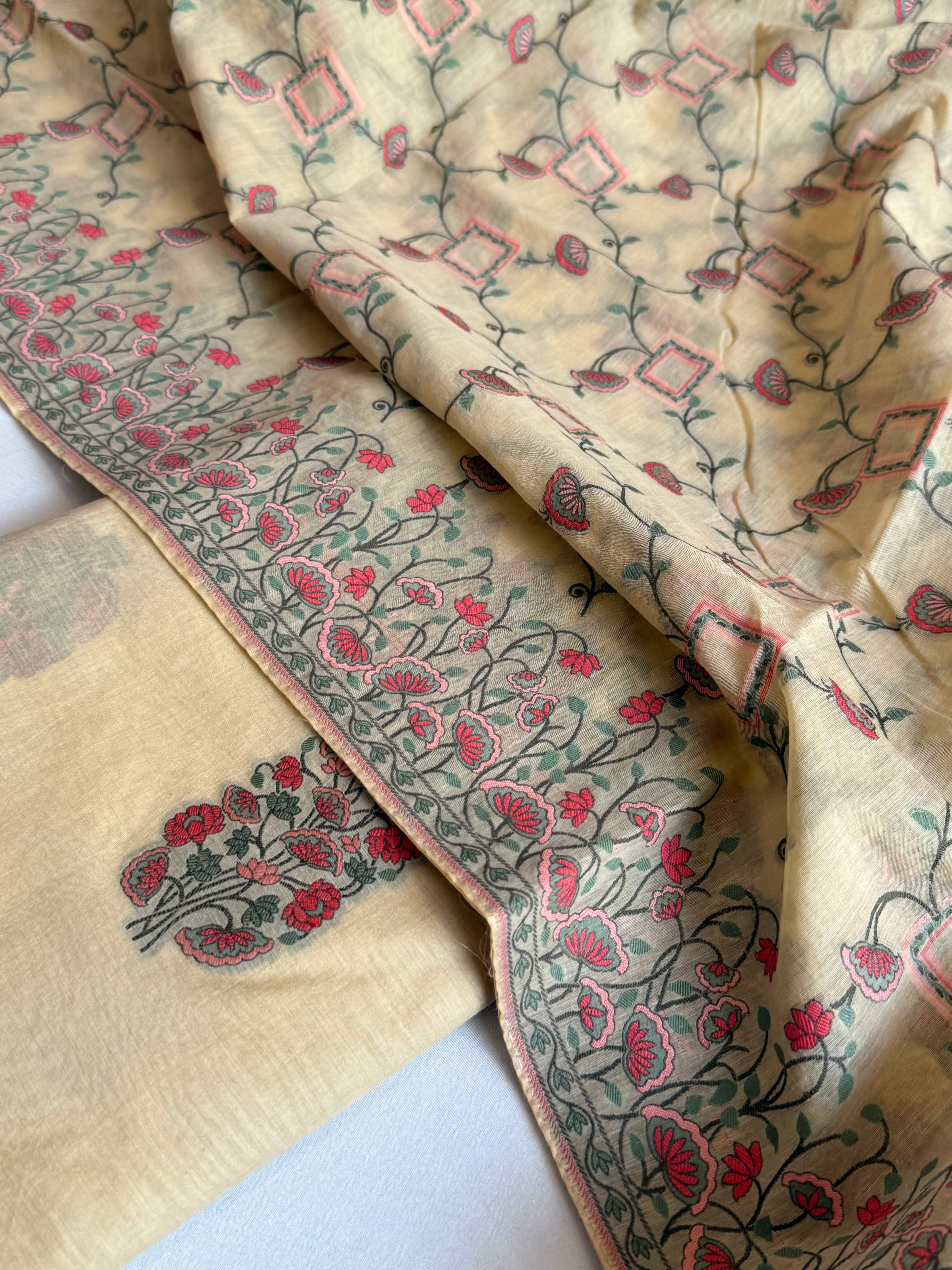 Ivory banarasi cotton resham meenakari kadhwa suit set