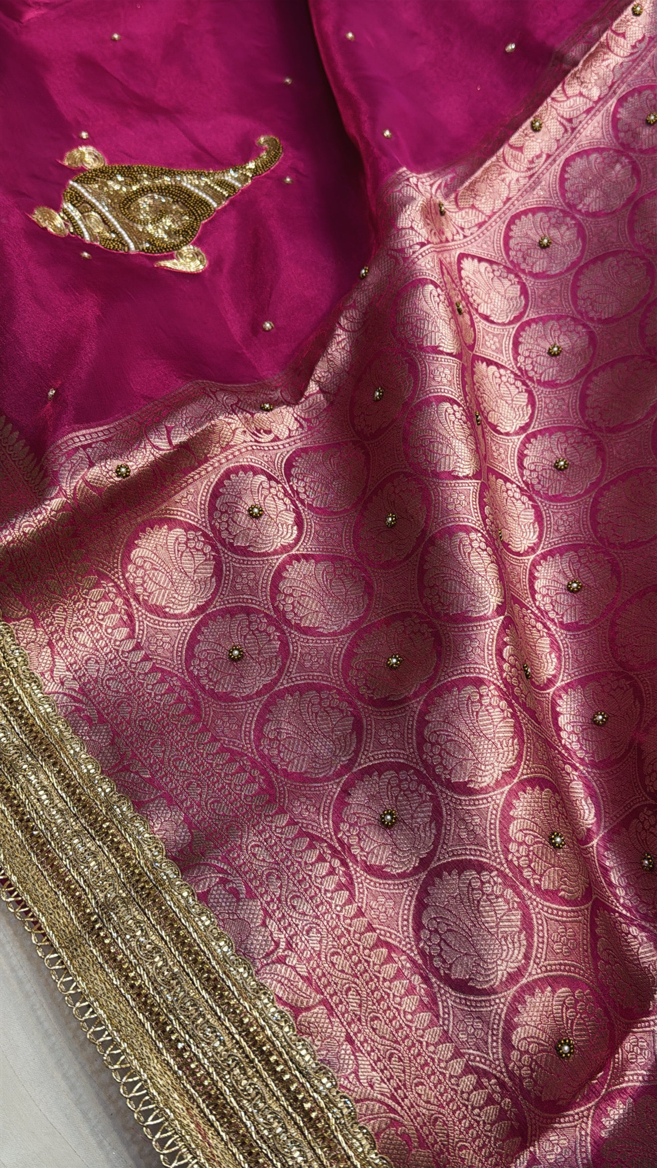 Wedding edit - Husn hot pink shankh motif hand embroidered tissue silk saree