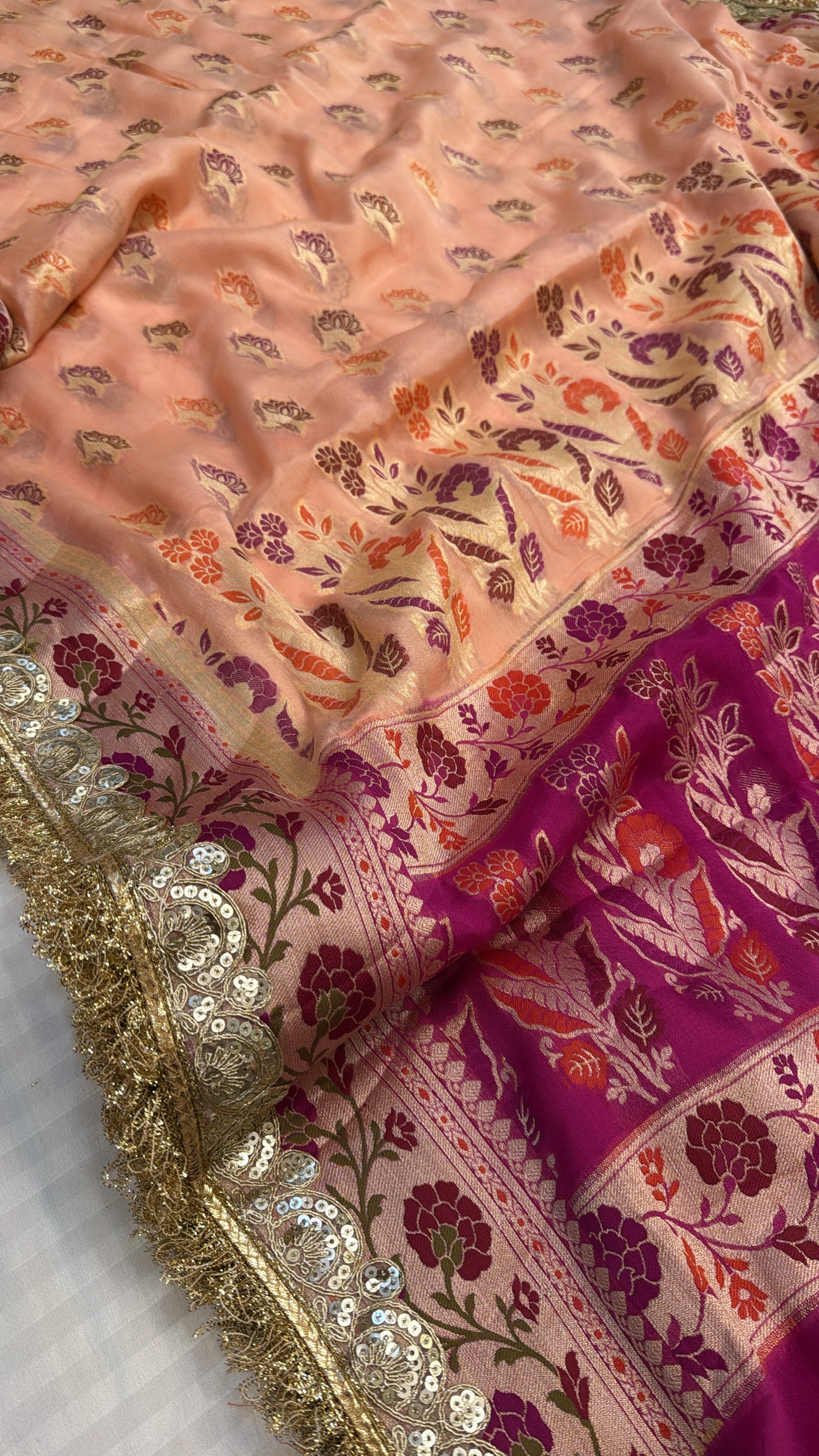 Banarasi chiffon gorgette kadhwa meenakari buti chap dye saree