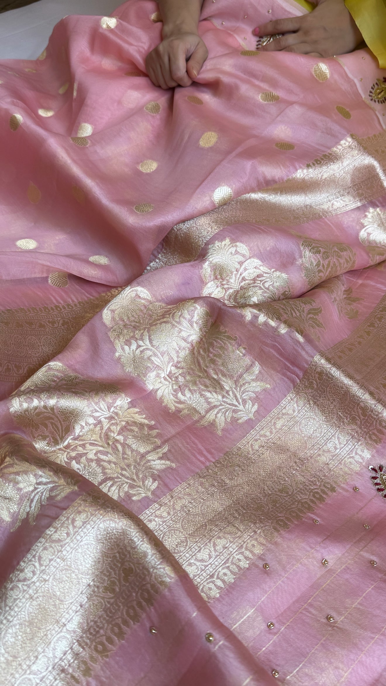 Blush pink banarasi kora silk hand embroidered kadhwa saree