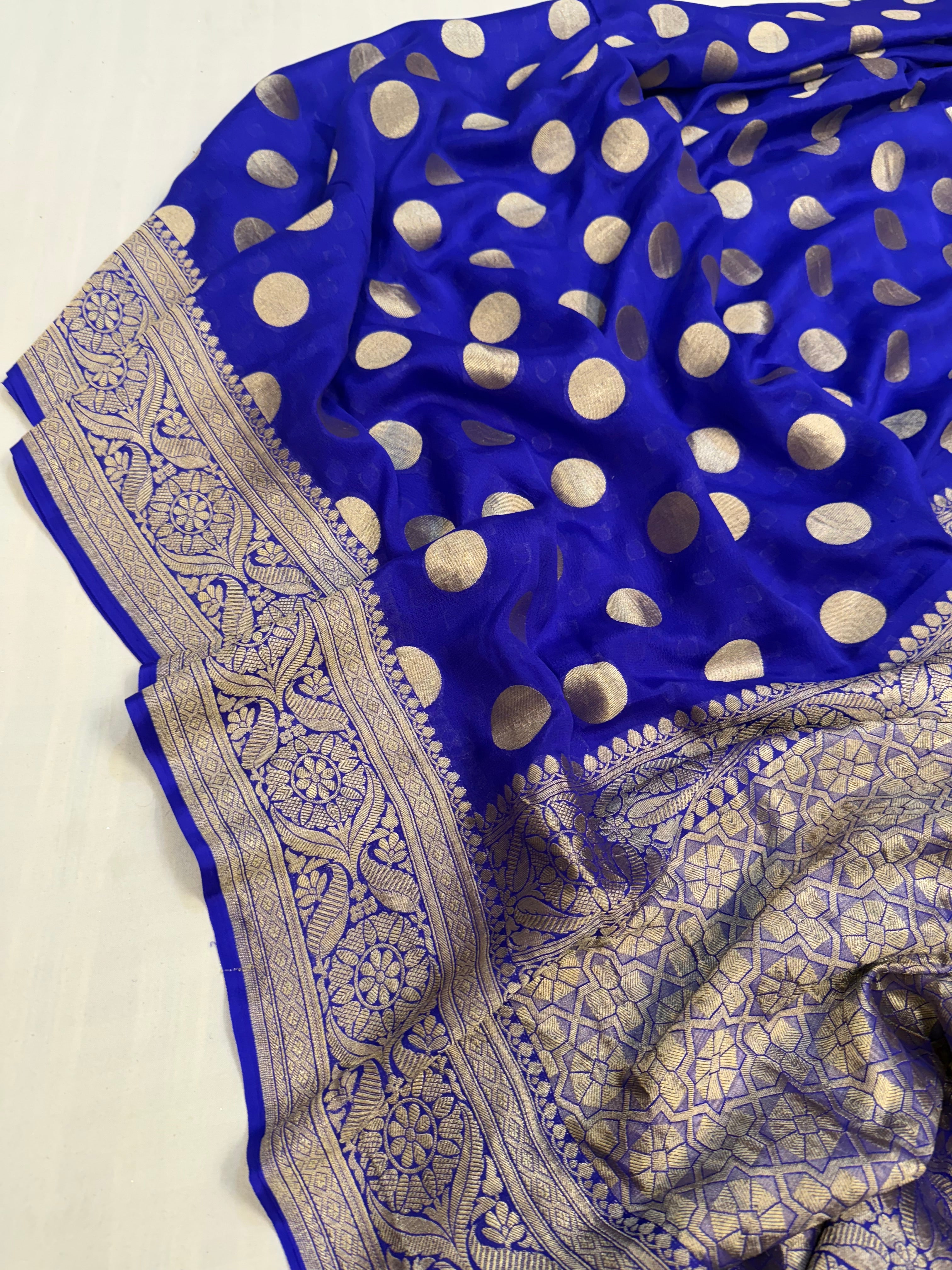 Ink blue banarasi gorgette round buti kadhwa saree